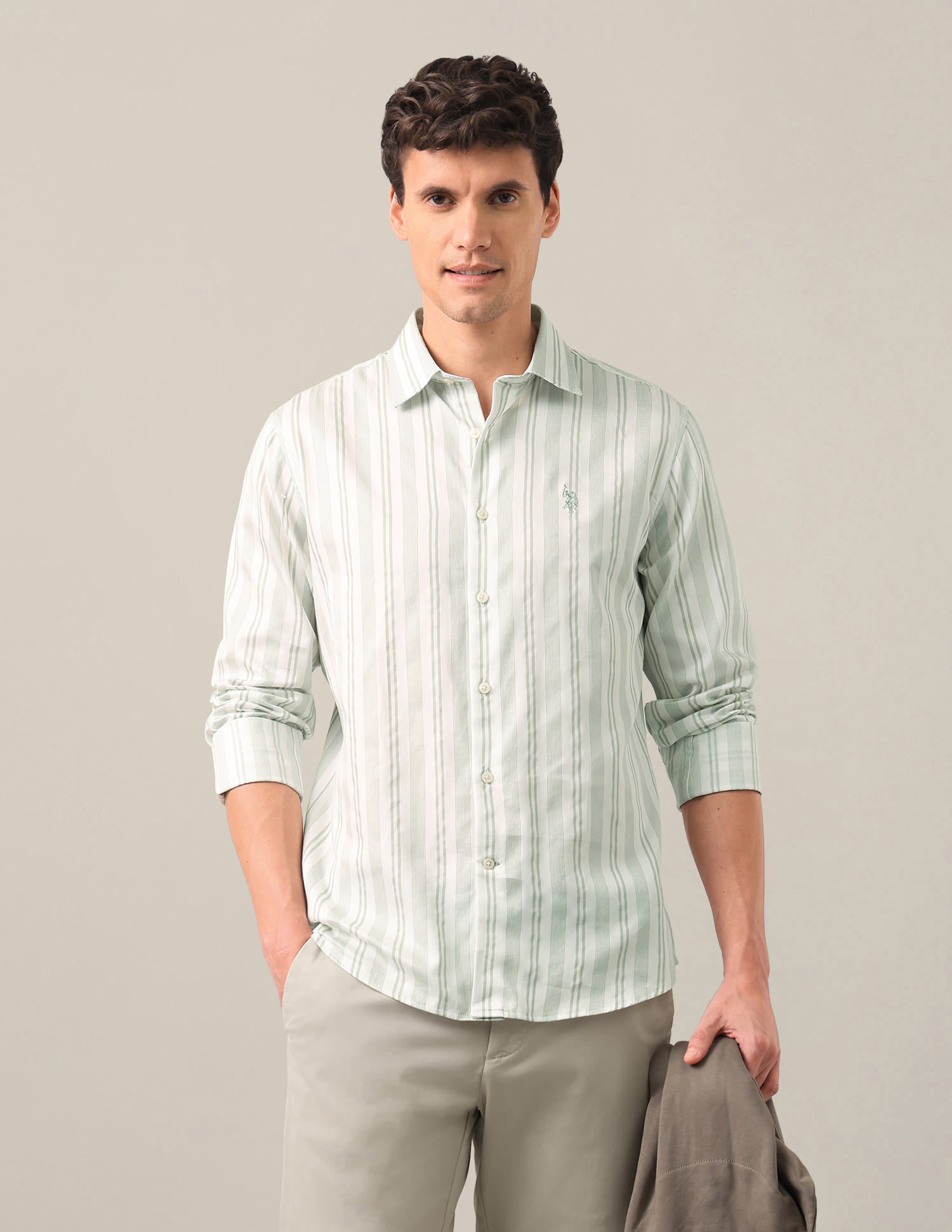 Vertical Striped Satin Shirt Green - U.S. Polo Assn. India | Large