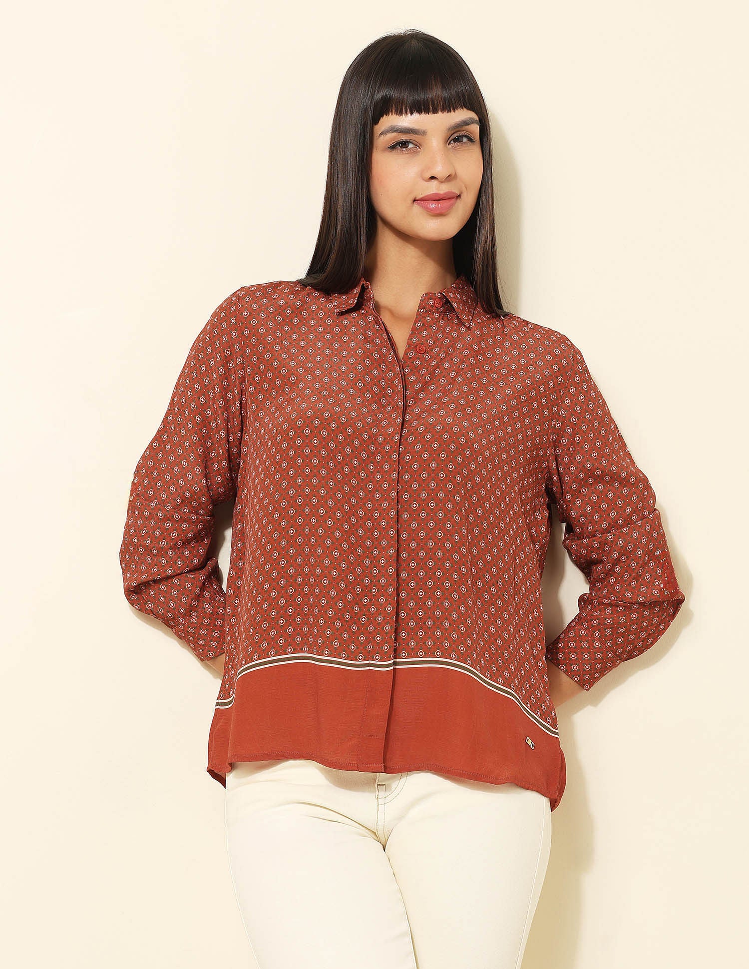 Concealed Placket Geometric Printed Shirt