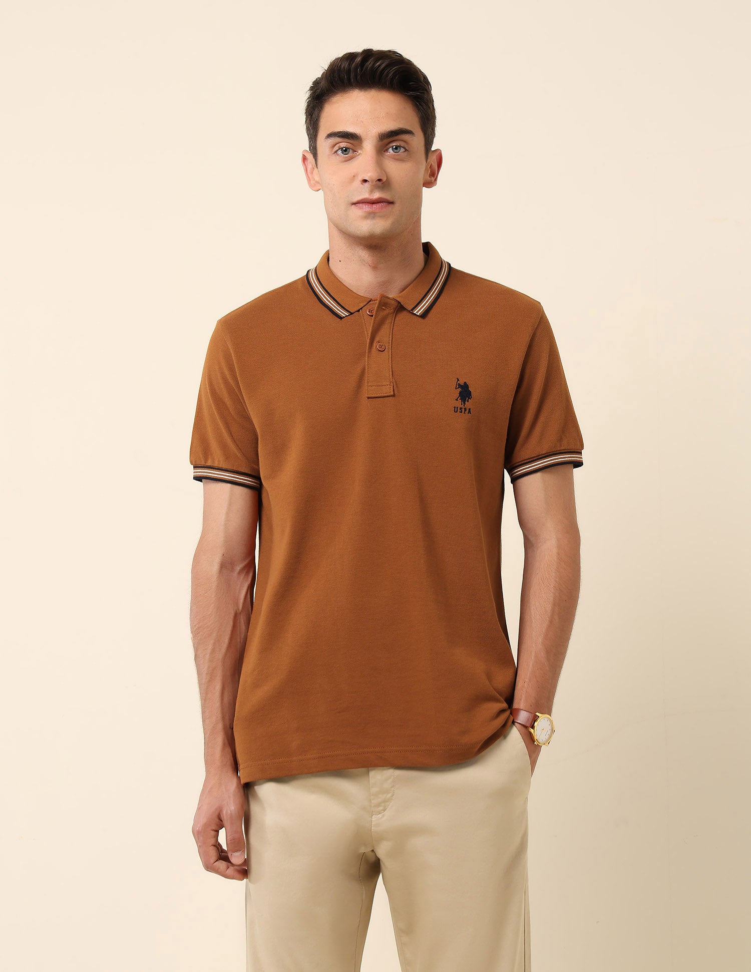 Slim Fit Solid Polo Shirt Brown - U.S. Polo Assn. India | Large