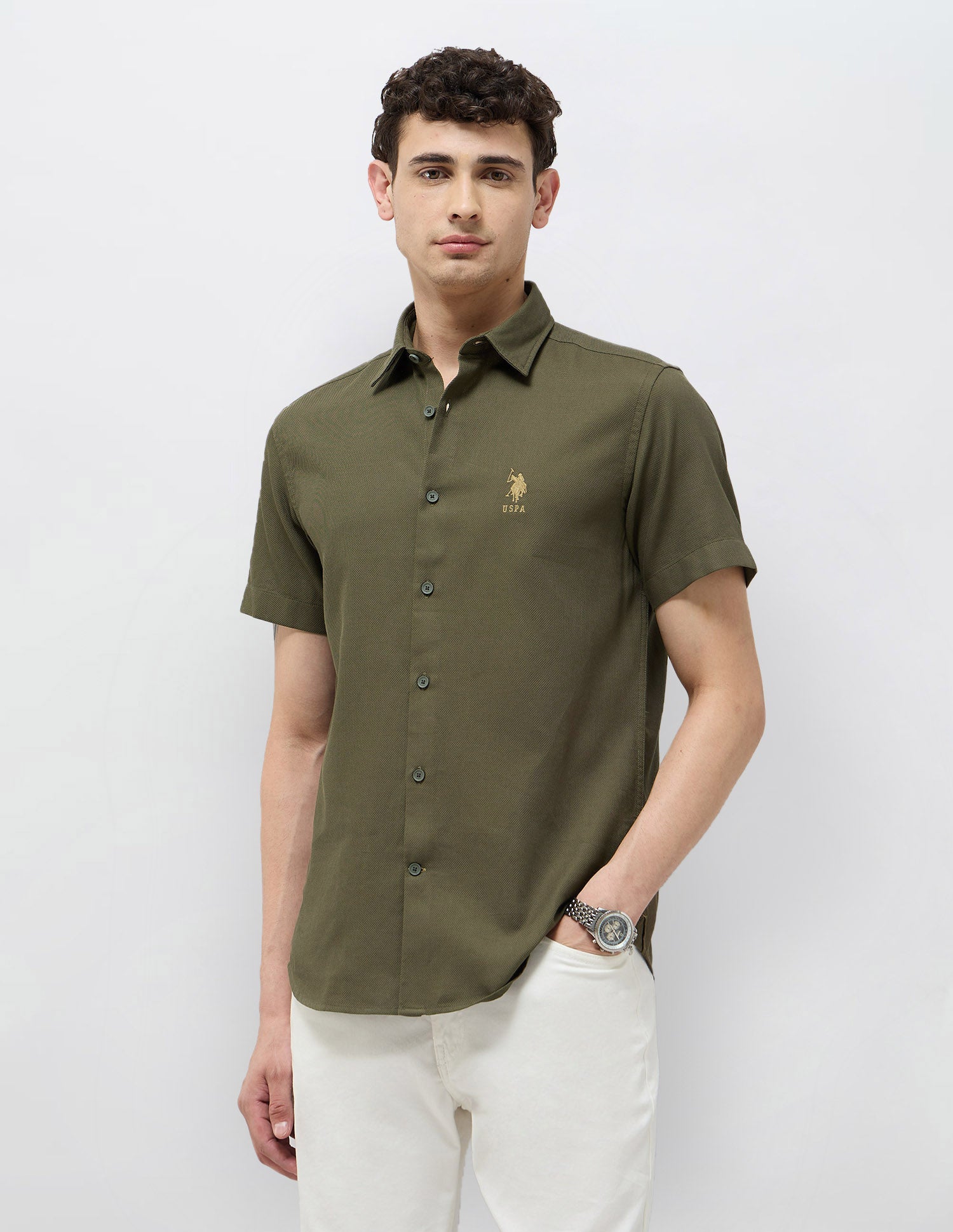 Textured Regular Fit Dobby Shirt Olive - U.S. Polo Assn. India | Large