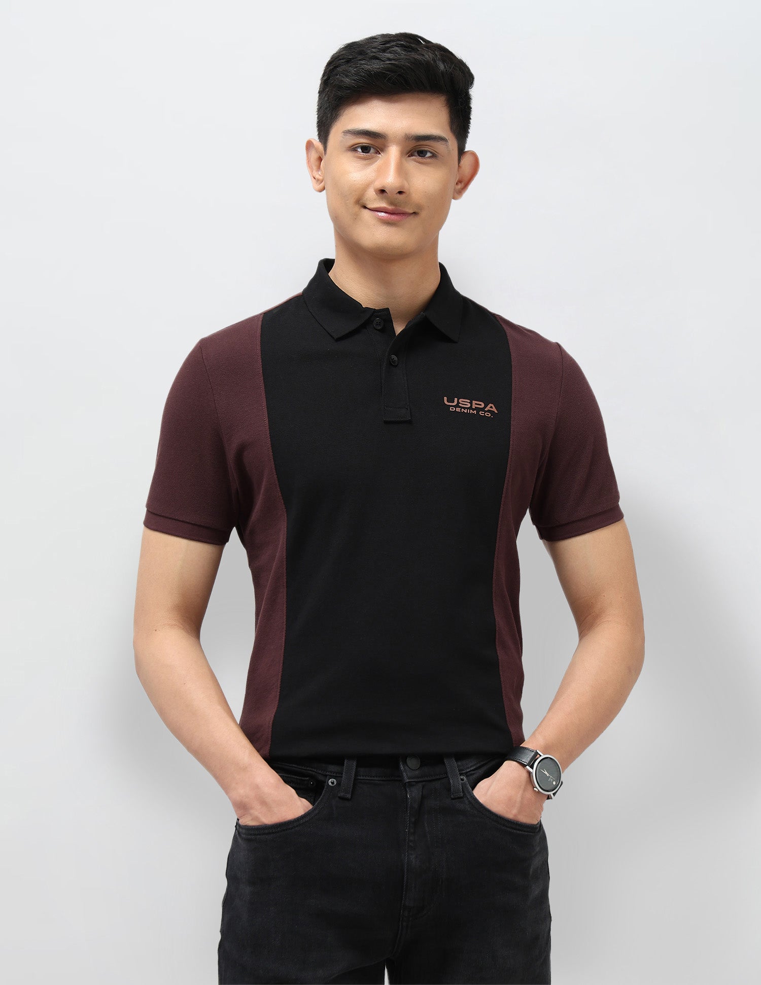 Colourblocked Pure Cotton Polo Shirt Dark Brown - U.S. Polo Assn. India | Large