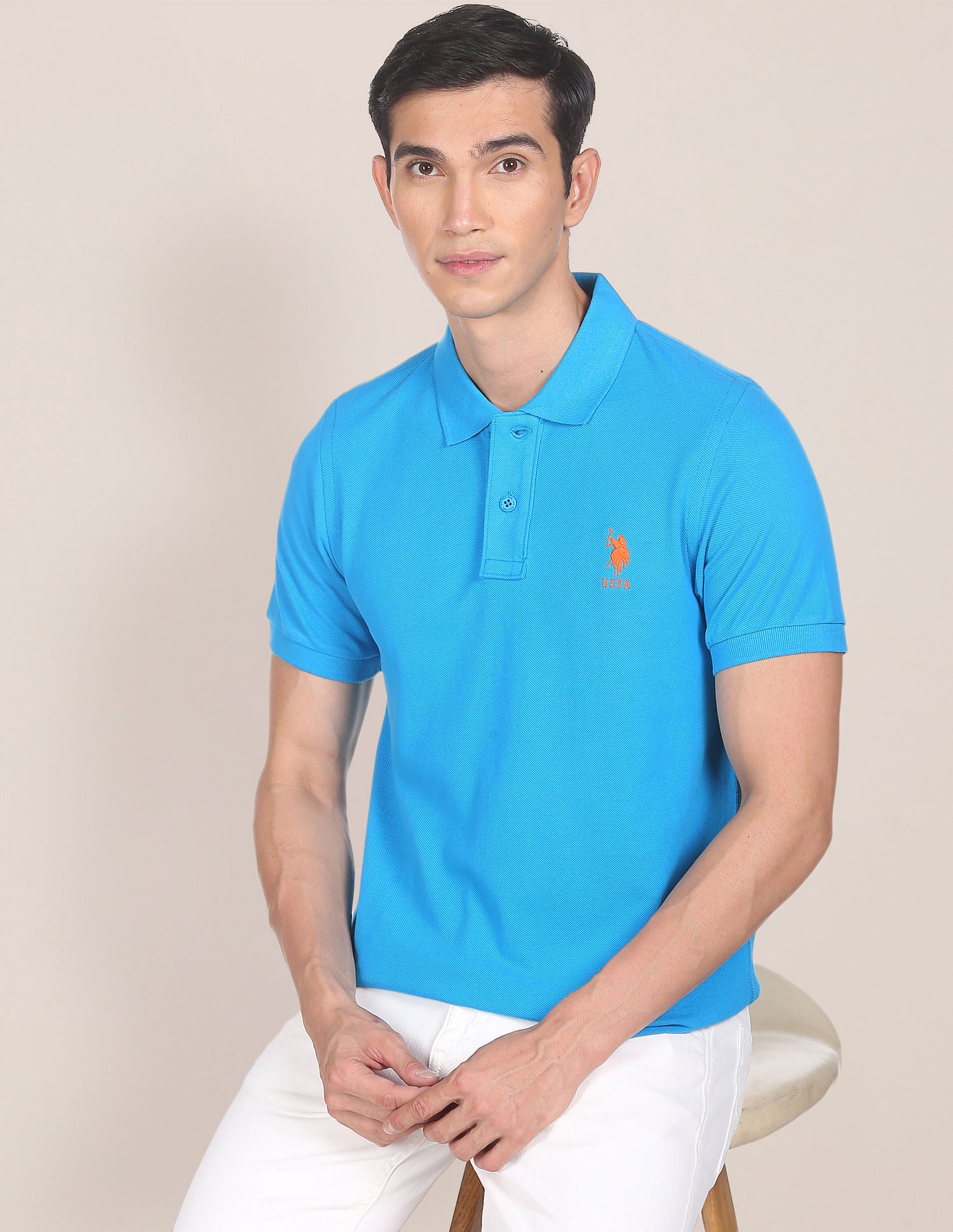 Ribbed Collar Solid Polo Shirt Blue - U.S. POLO ASSN. | Large