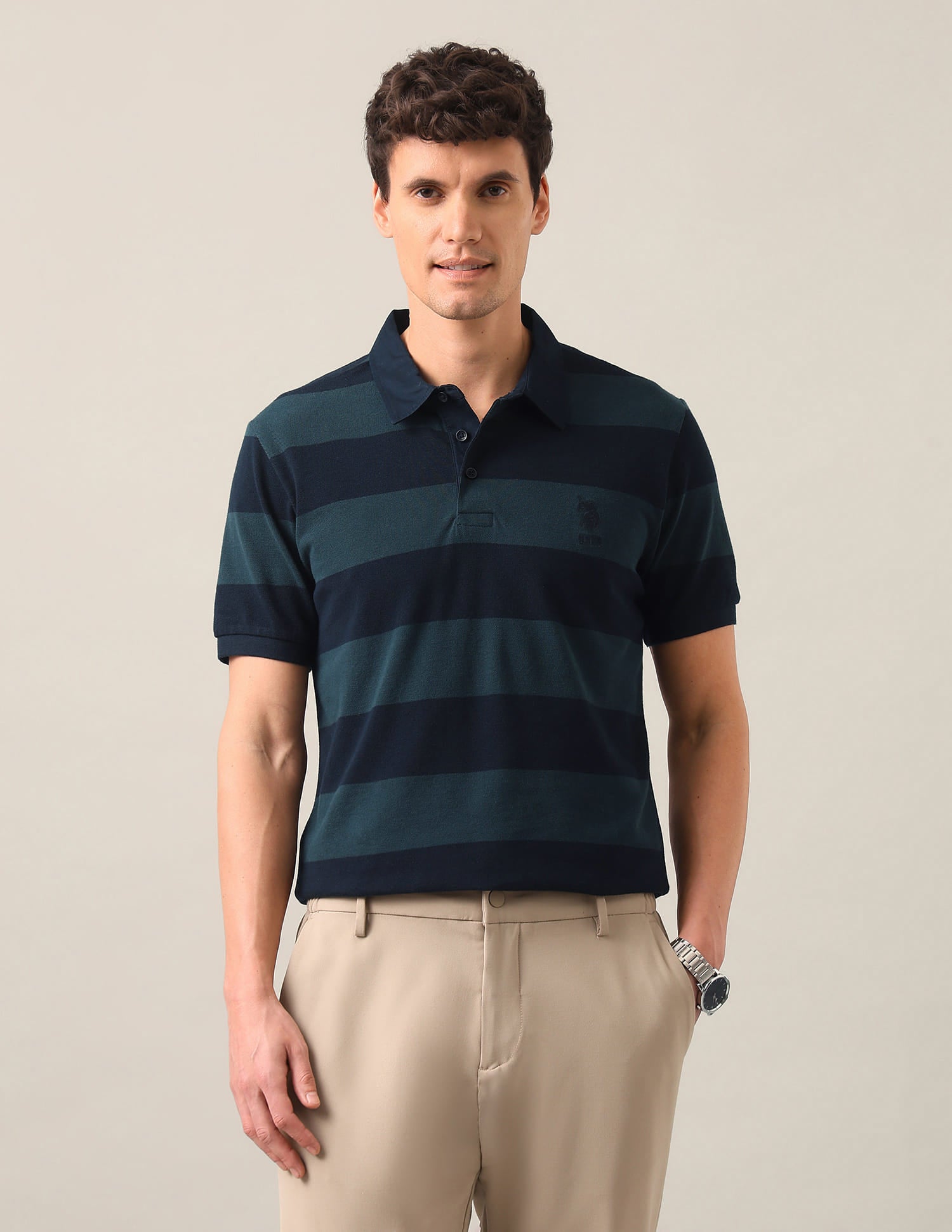 Horizontal Striped Slim Fit Polo Shirt Green - U.S. Polo Assn. India | Large