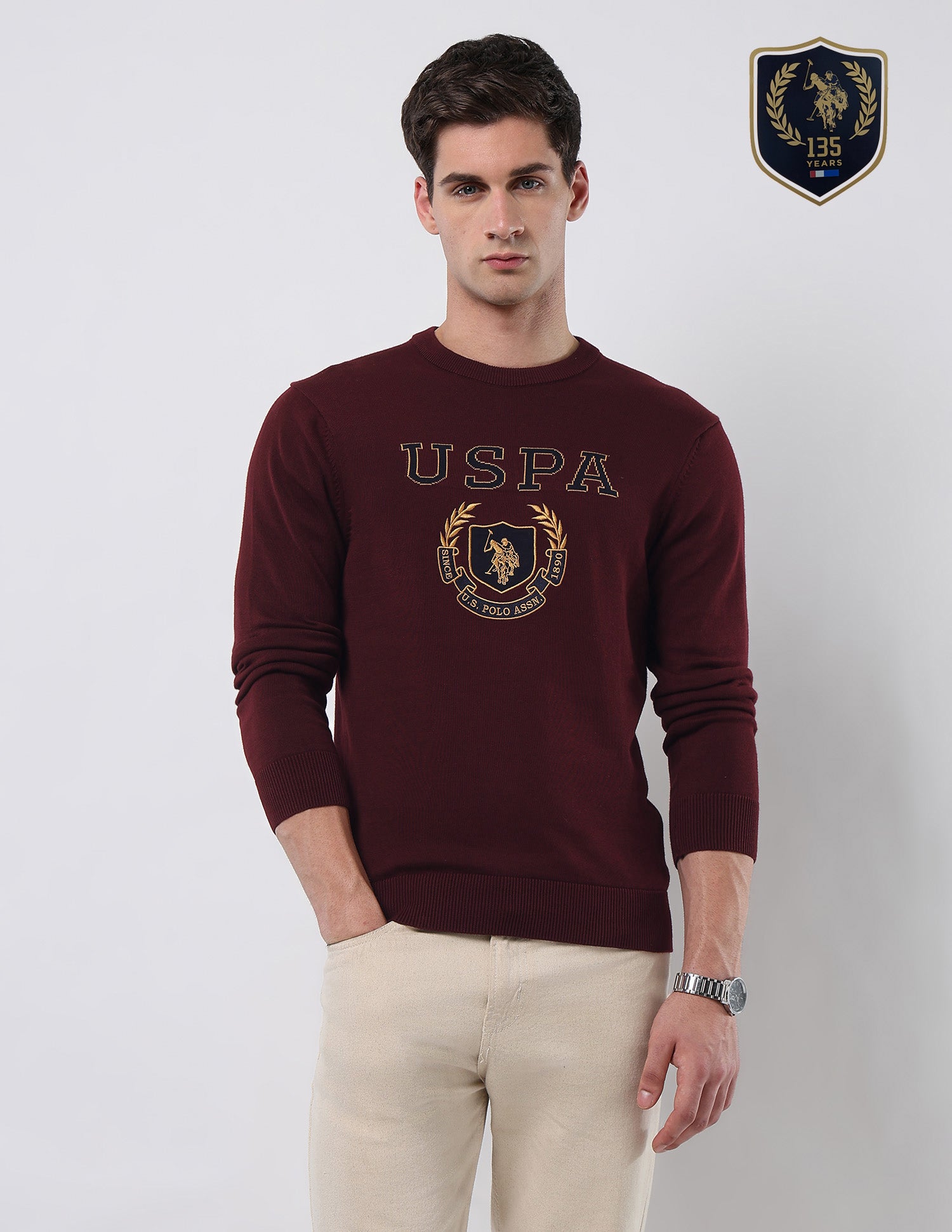 Brand Embroidered Patterned Knit Sweater