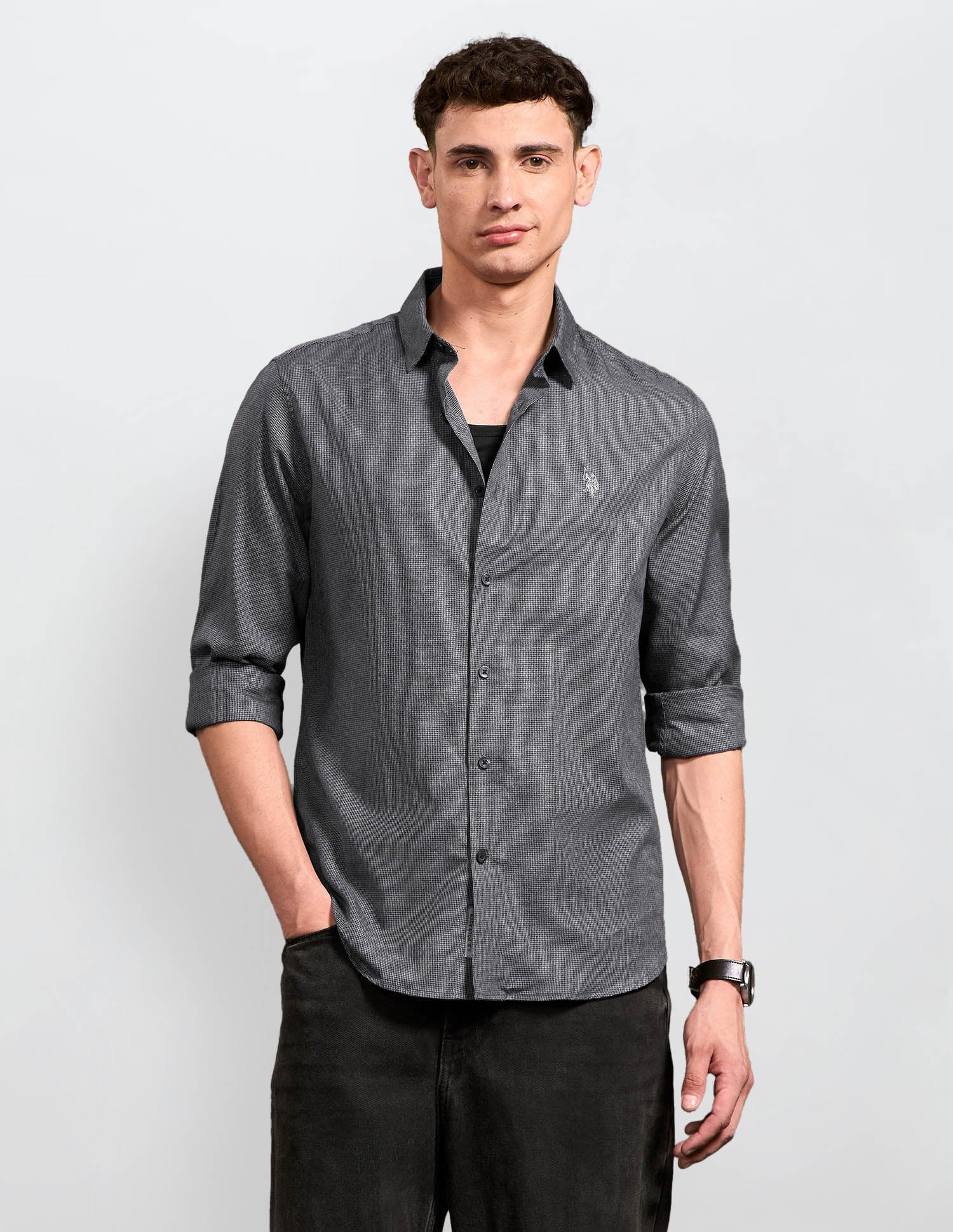 Black & Gold Self Design Houndstooth Shirt