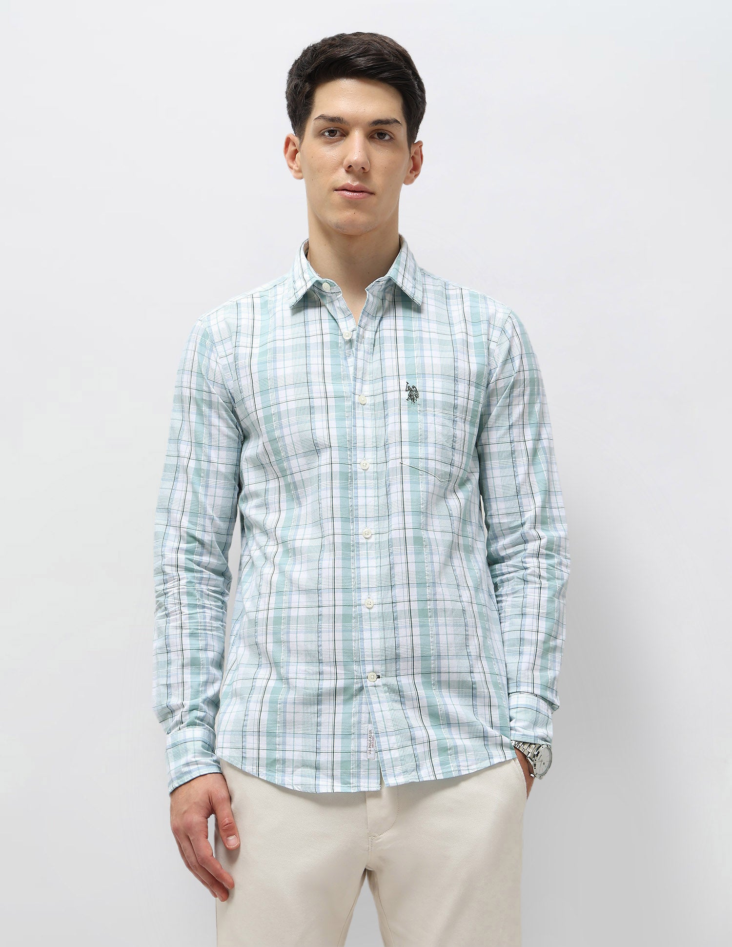Tartan Checked Seersucker Shirt Light Green - U.S. Polo Assn. India | Large