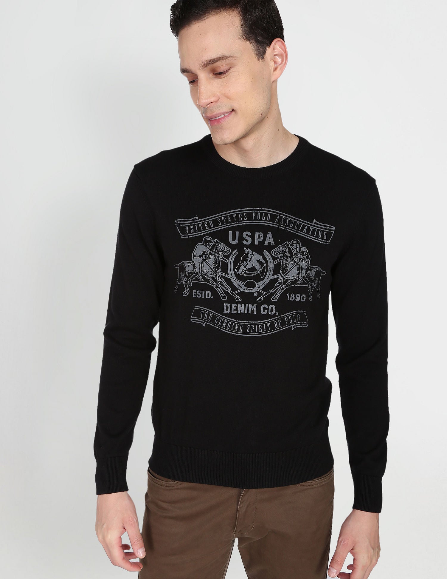 Men Black Crew Neck Graphic Print Cotton Sweater Black - U.S. POLO ASSN. | Large