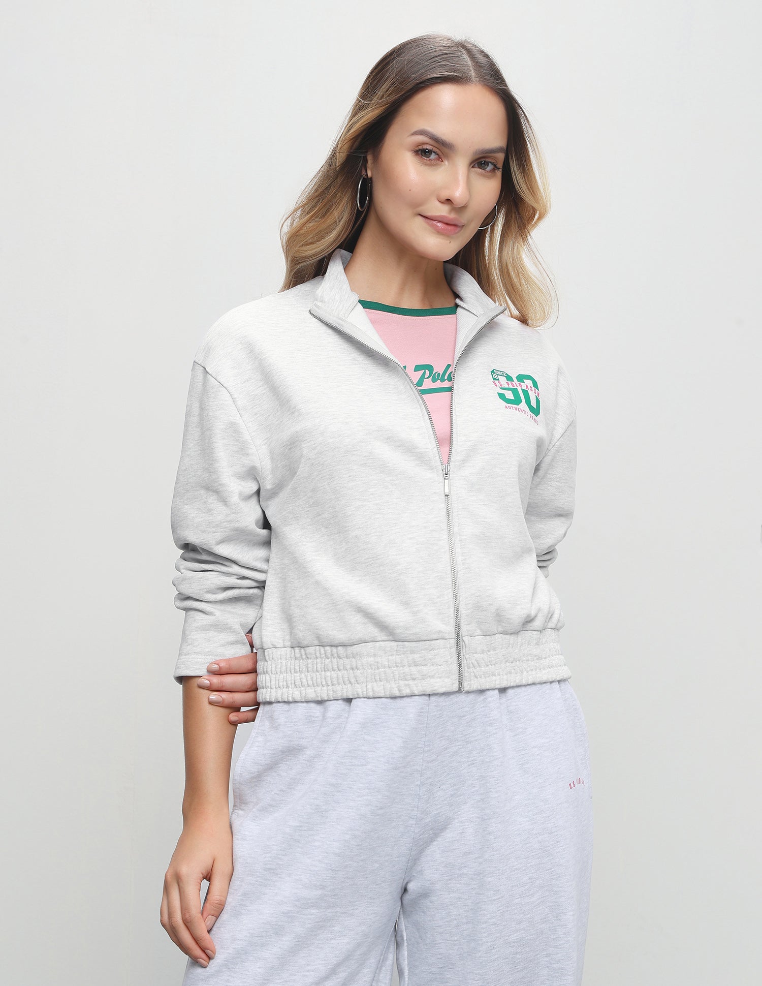 Solid Relaxed Fit Zipper Sweatshirt Grey Melange - U.S. Polo Assn. India | Large