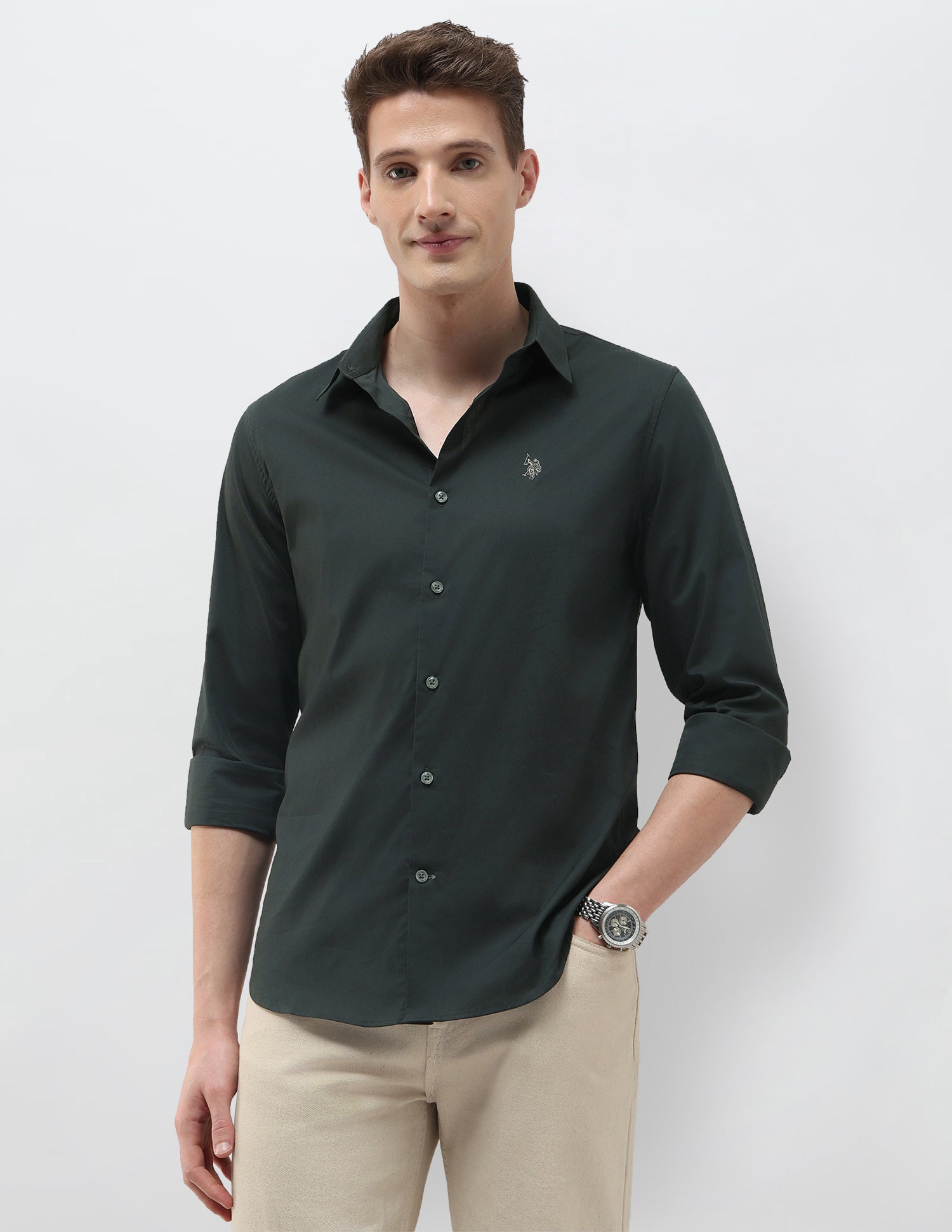 Solid Black & Gold Regular Fit Shirt Dark Green - U.S. Polo Assn. India | Large