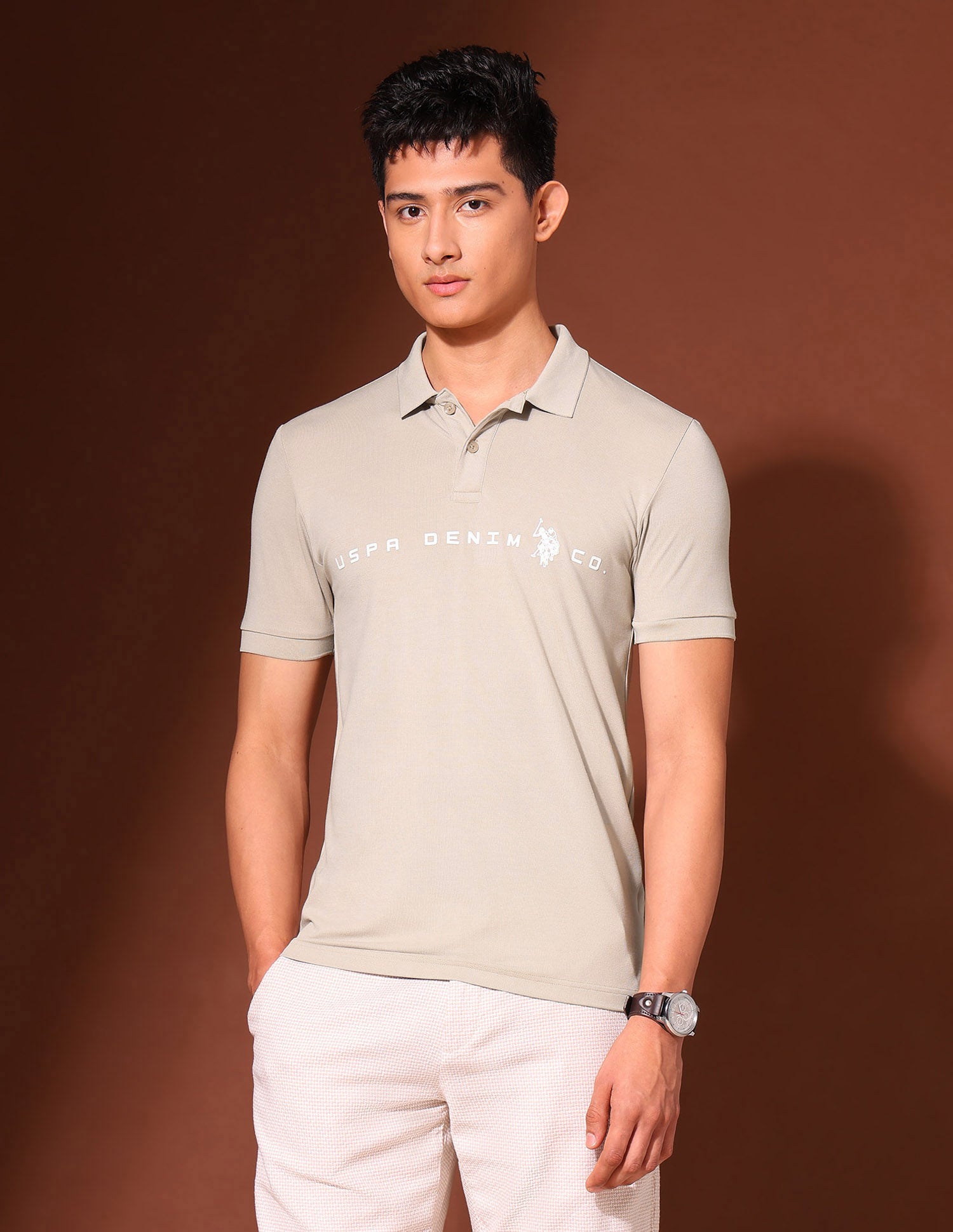 Brand Printed Work And Wander Polo Shirt Beige - U.S. Polo Assn. India | Large