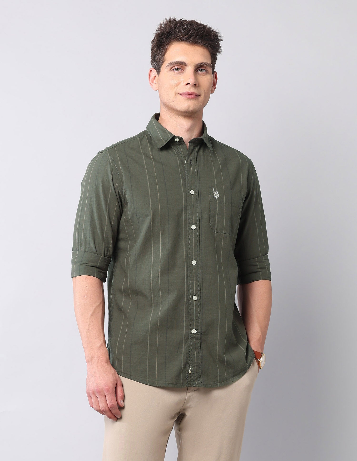 Vertical Striped Pure Cotton Shirt Olive - U.S. Polo Assn. India | Large