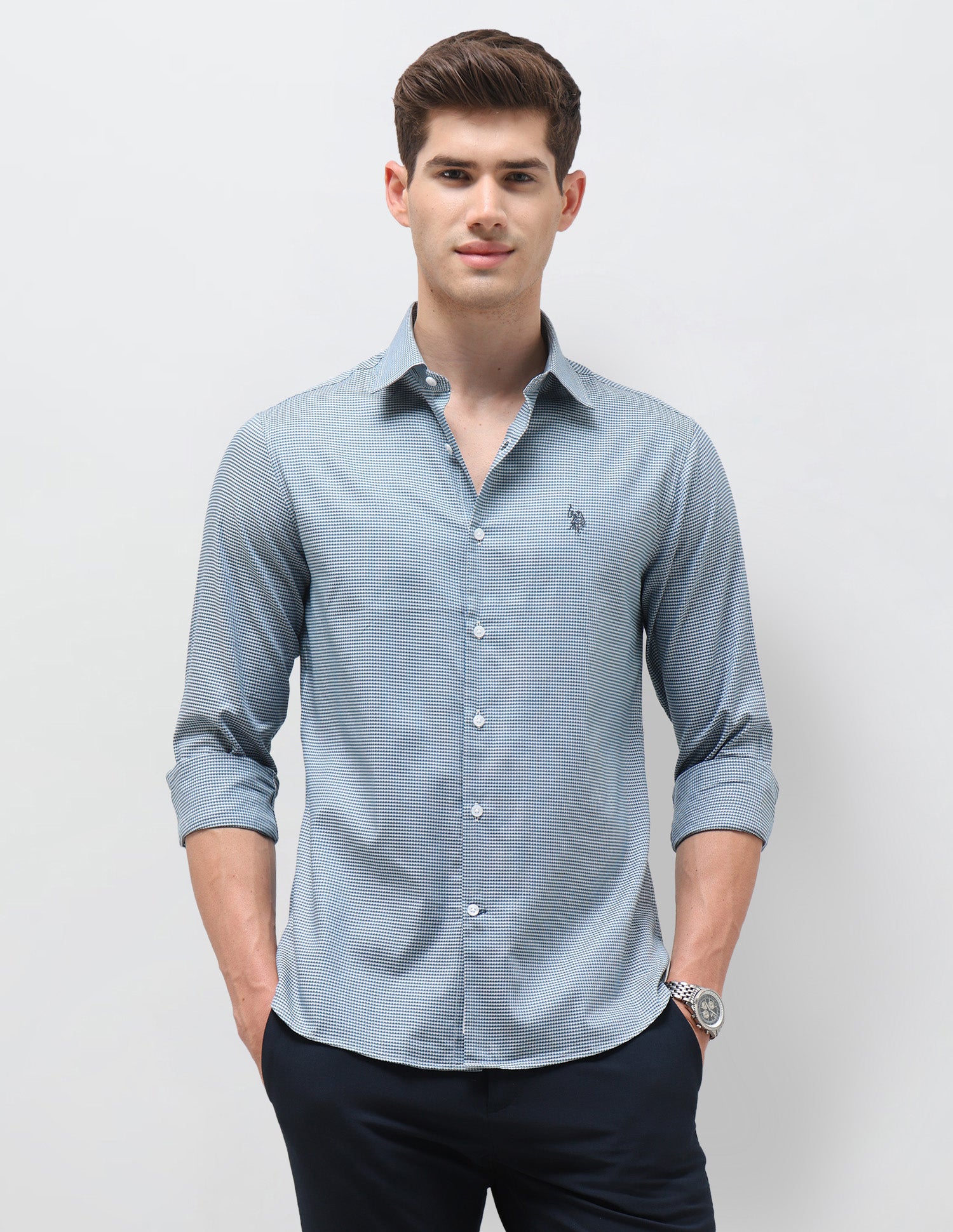 Twill Self Design Geometric Shirt Blue - U.S. Polo Assn. India | Large