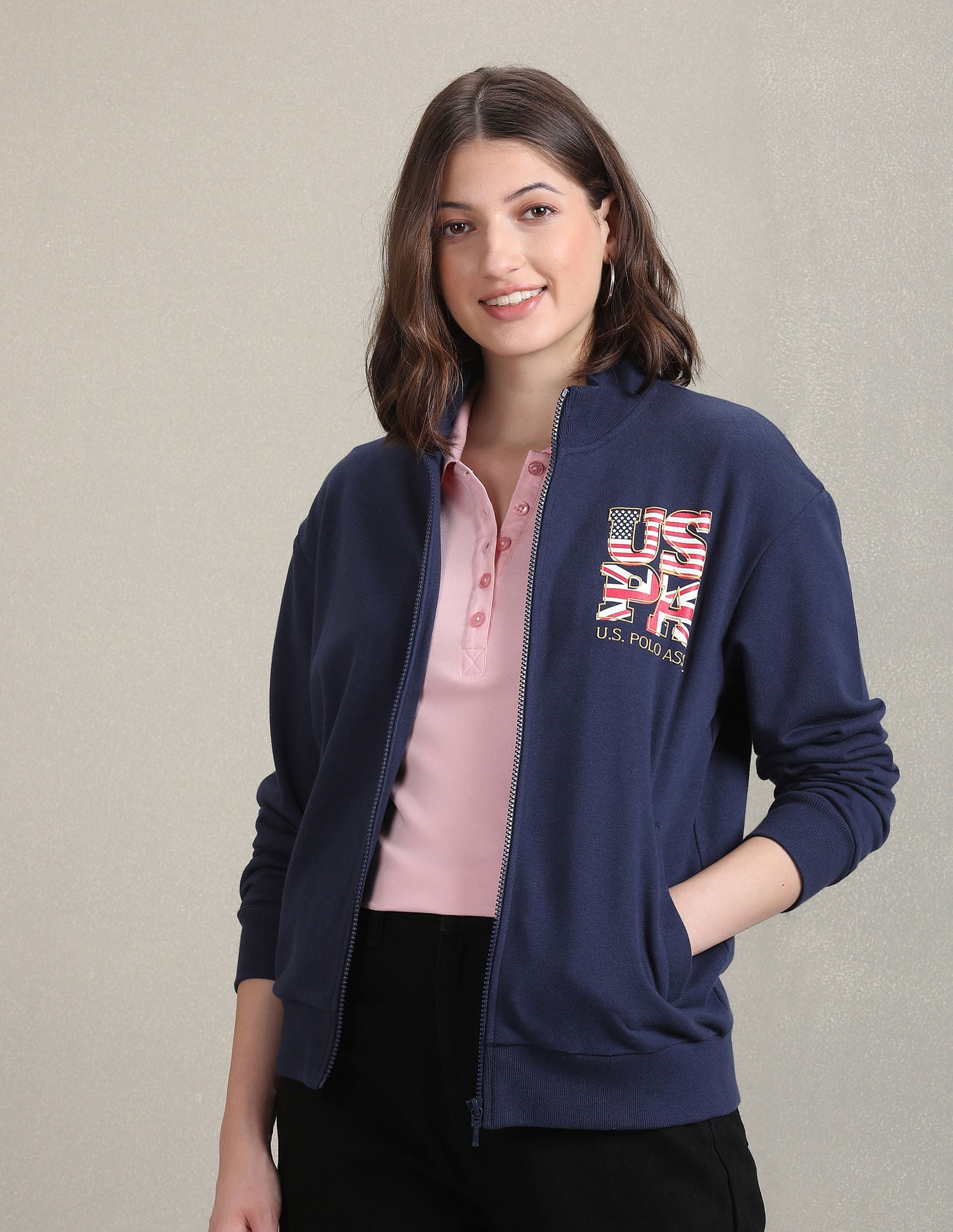 Stand Neck Logo Print Jacket Navy - U.S. Polo Assn. India | Large