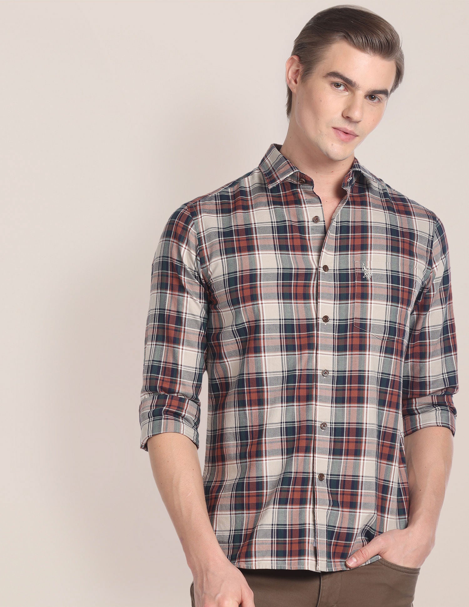 Tartan Check Cotton Shirt Khaki - U.S. Polo Assn. India | Large