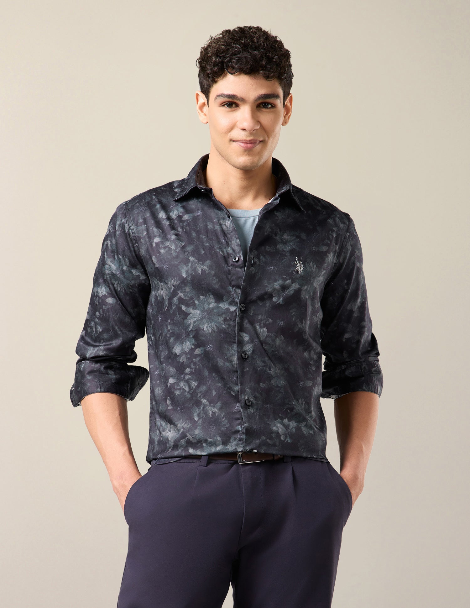 Floral Printed Satin Shirt Blue - U.S. Polo Assn. India | Large