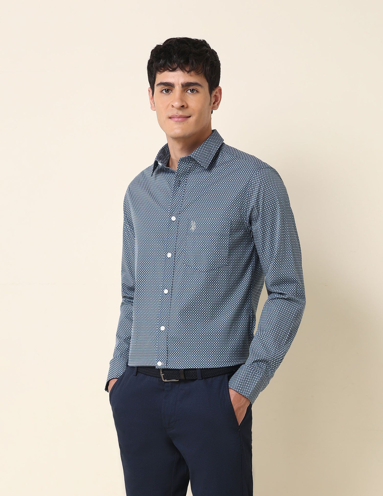 Geometric Printed Tailored Fit Shirt Blue - U.S. Polo Assn. India | Large