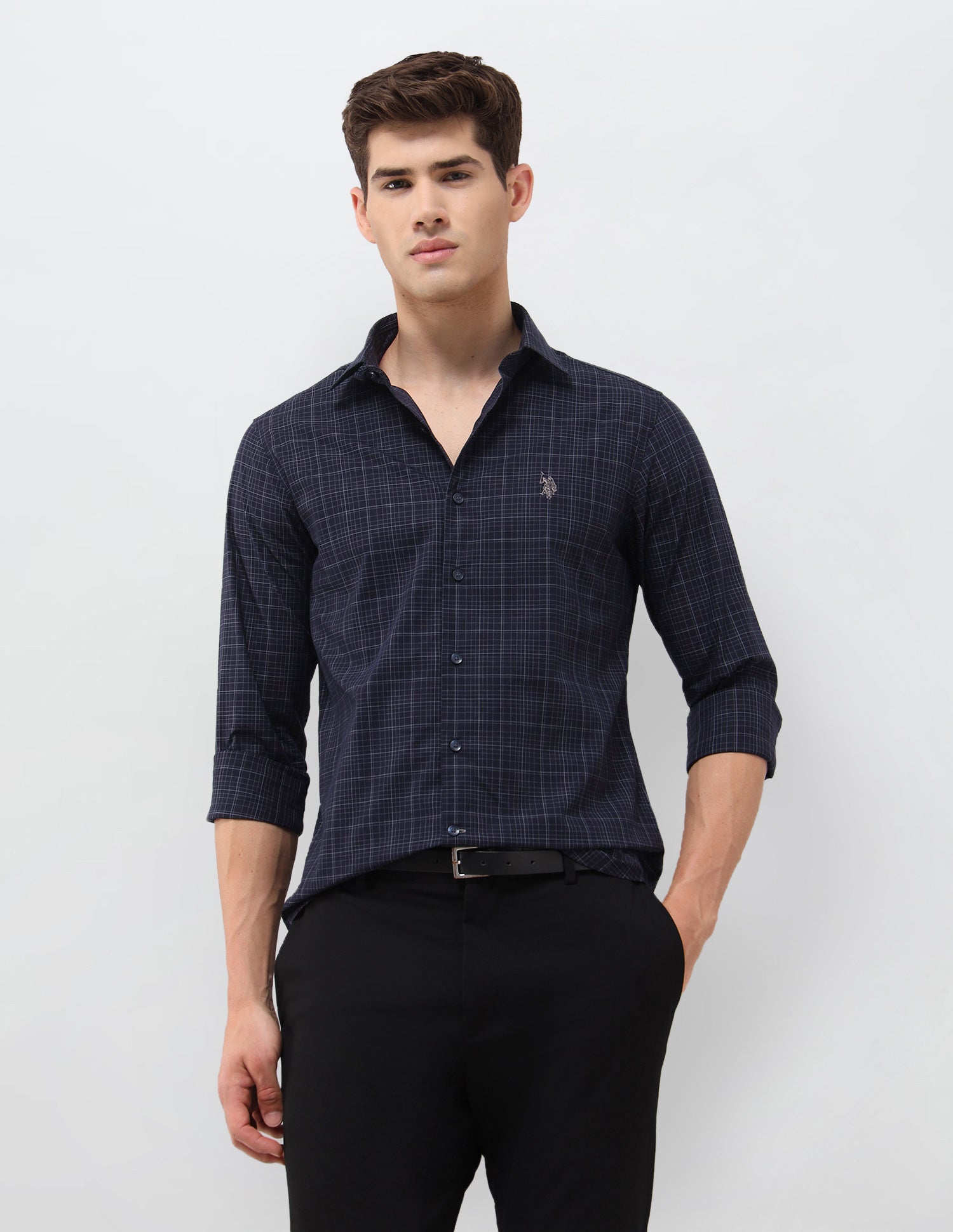 Grid Tattersall Checked Tailored Fit Shirt Navy - U.S. Polo Assn. India | Large