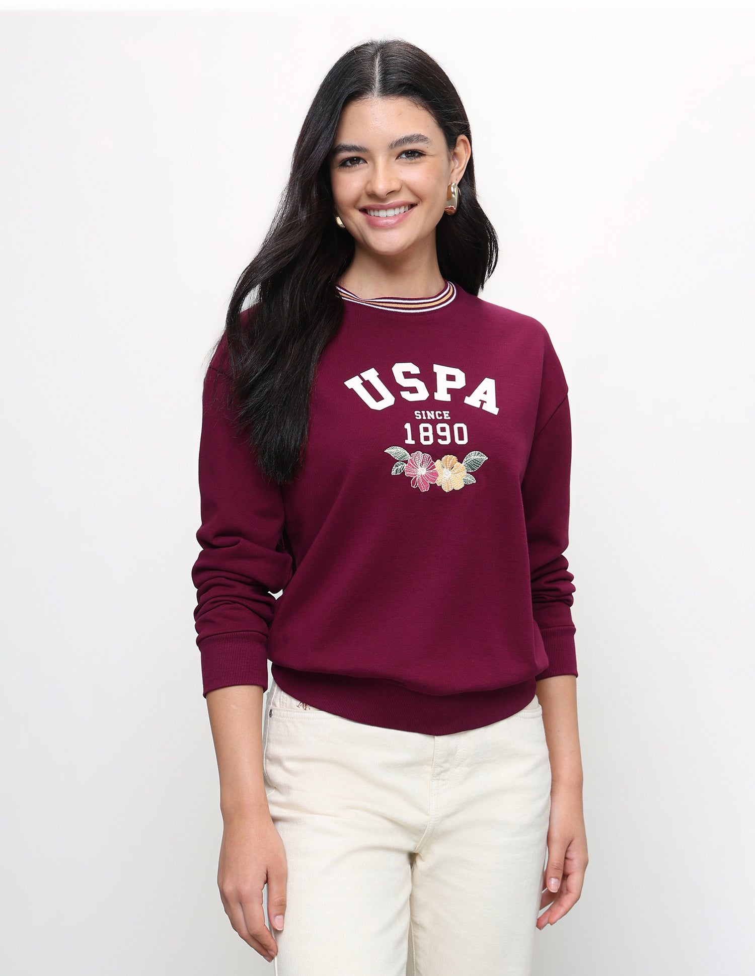 Brand Floral Embroidered Relaxed Fit Sweatshirt Maroon - U.S. Polo Assn. India | Large