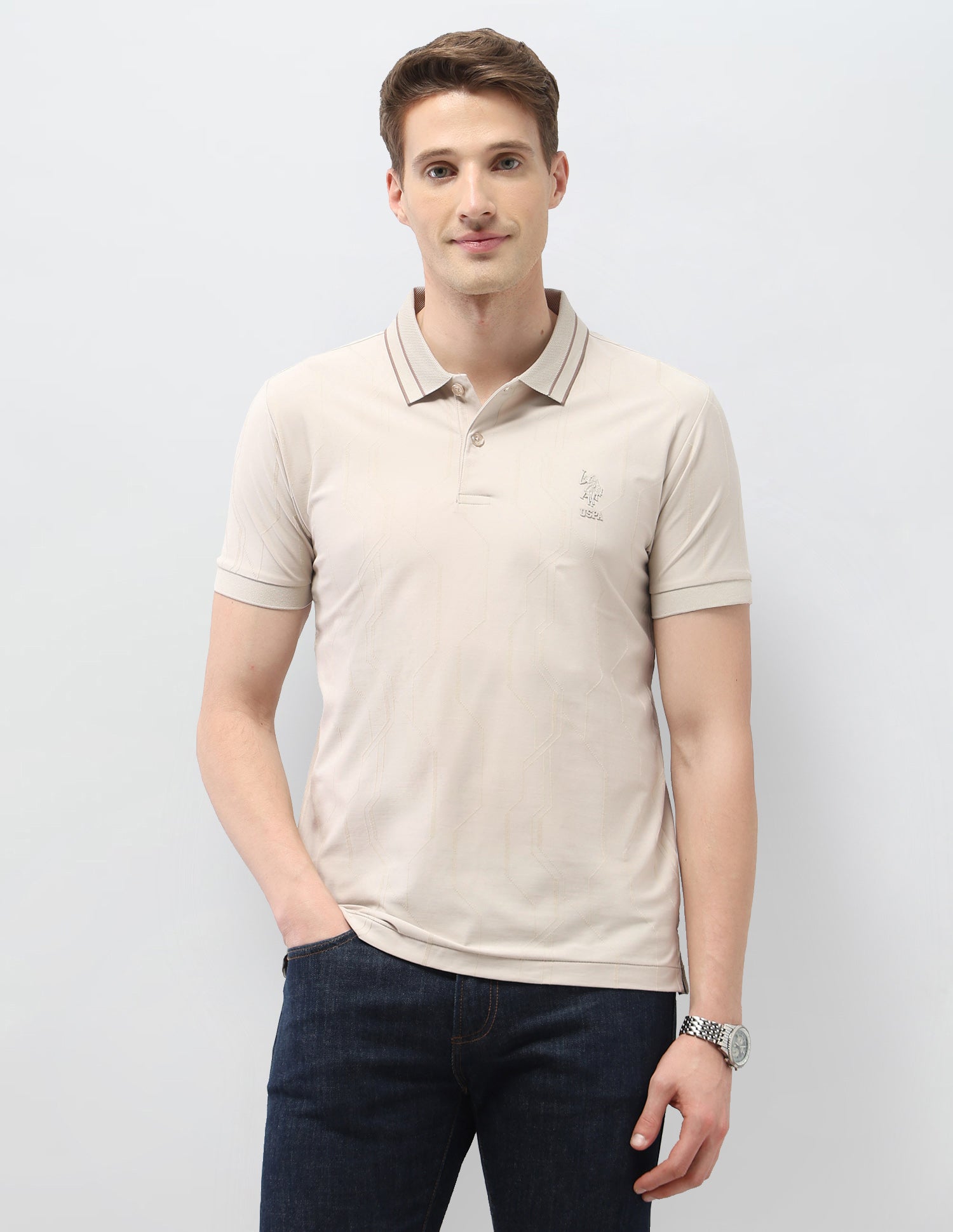 Textured Geometric Slim Fit Black & Gold Polo Shirt