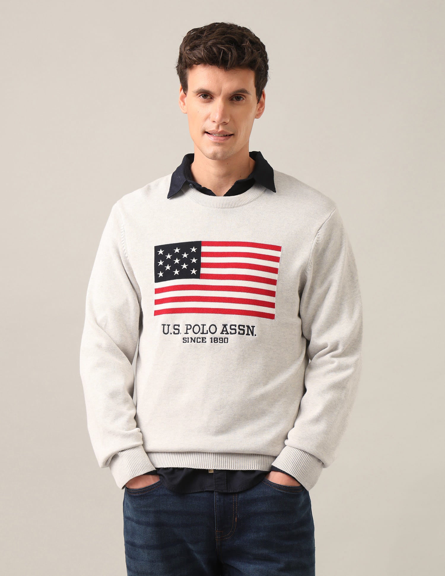 Crew Neck Heathered Patterned Knit Sweater Ecru - U.S. Polo Assn. India | Large