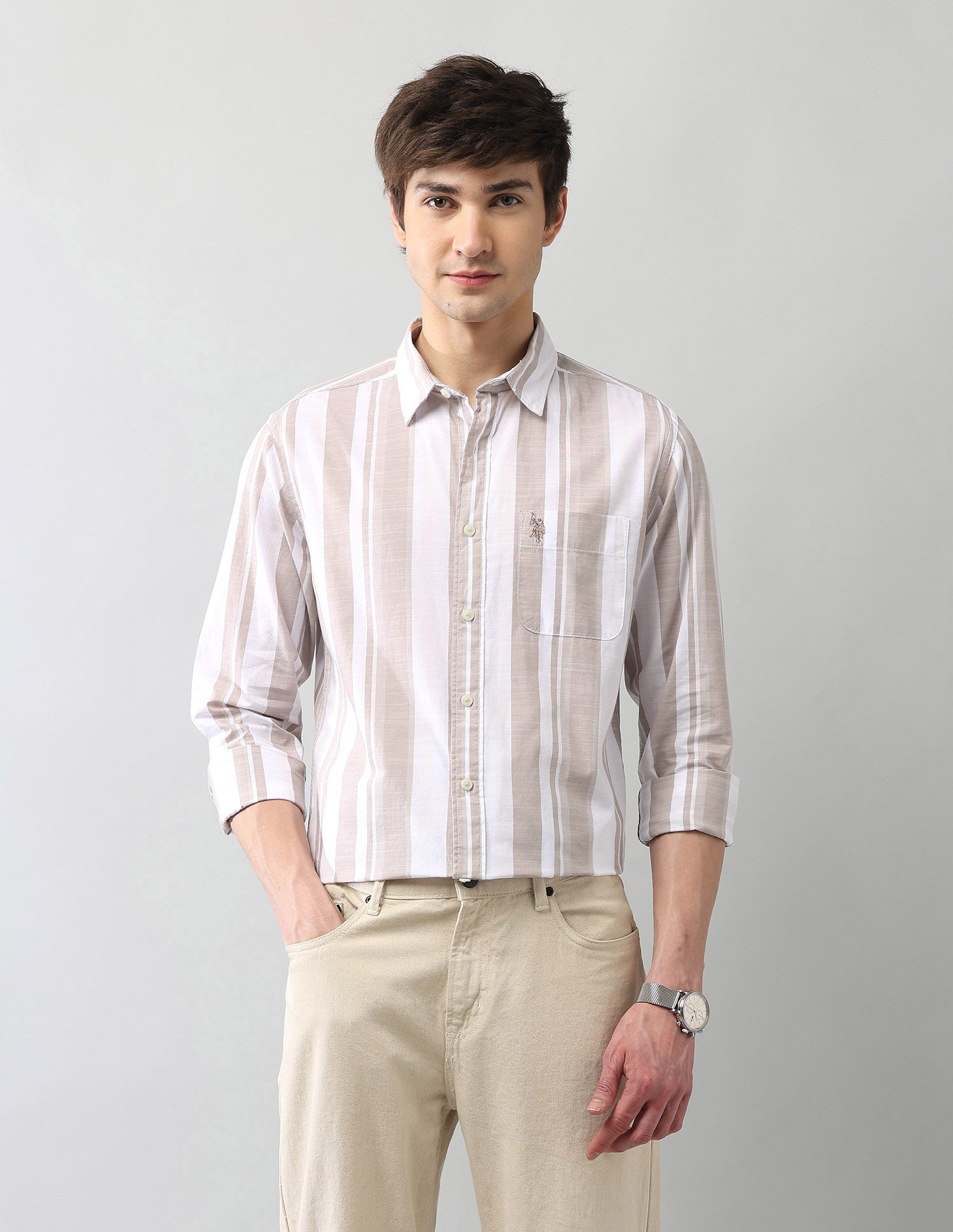 Vertical Striped Cotton Poplin Shirt Khaki - U.S. Polo Assn. India | Large