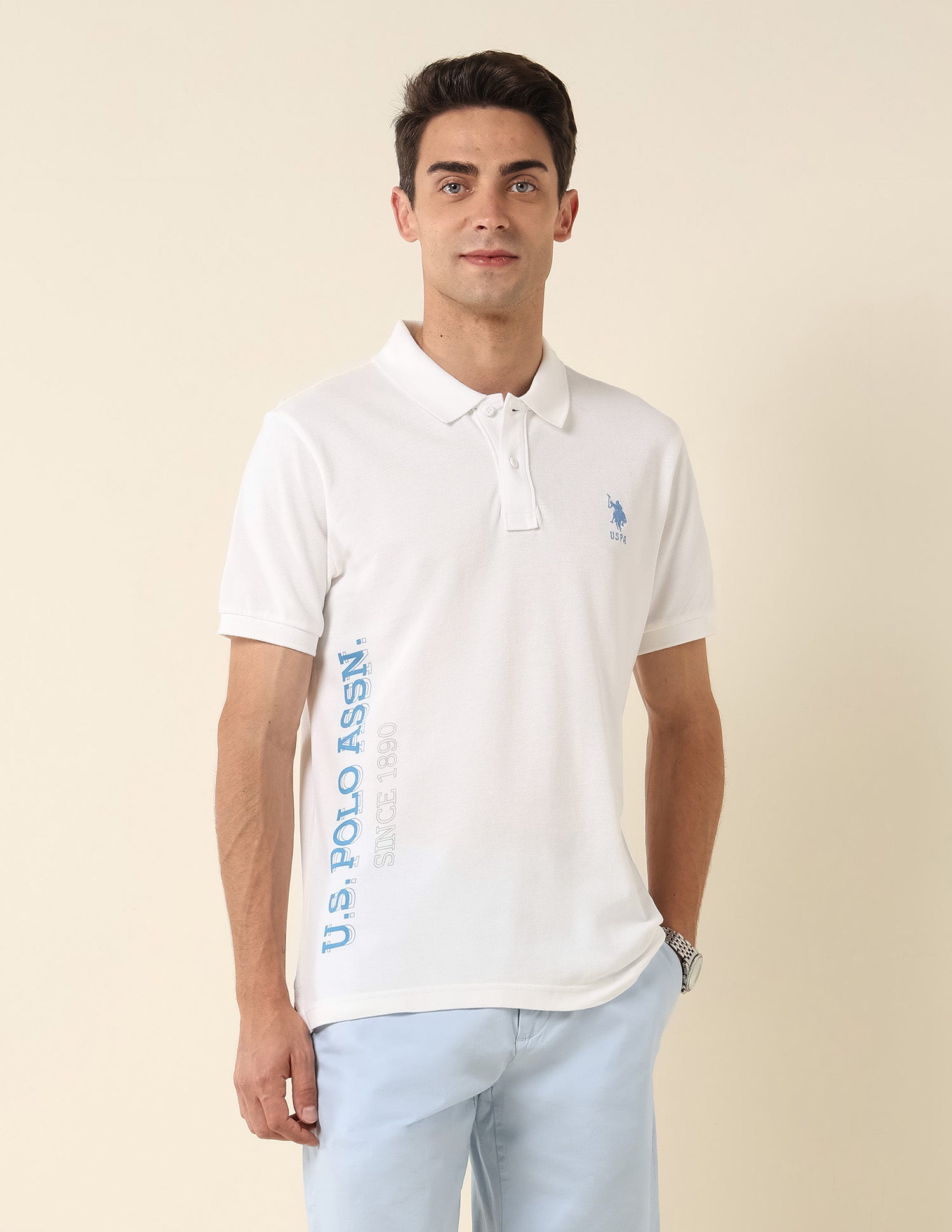 Brand Printed Pure Cotton Polo Shirt Off White - U.S. Polo Assn. India | Large