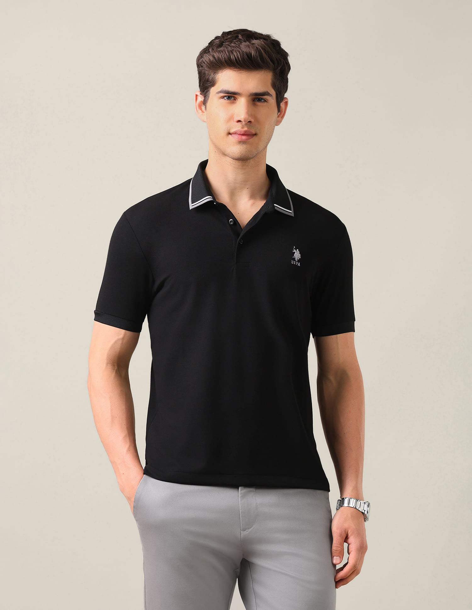 Solid Slim Fit Polo Shirt Black - U.S. Polo Assn. India | Large