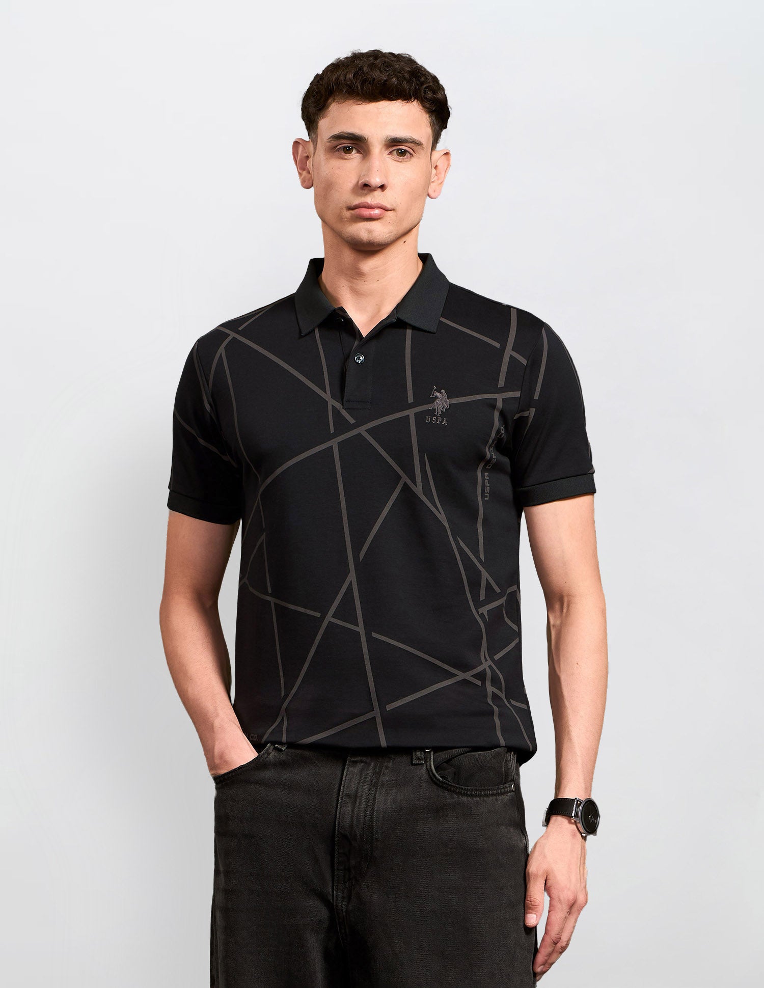 Geometric Printed Black & Gold Polo Shirt Black - U.S. Polo Assn. India | Large