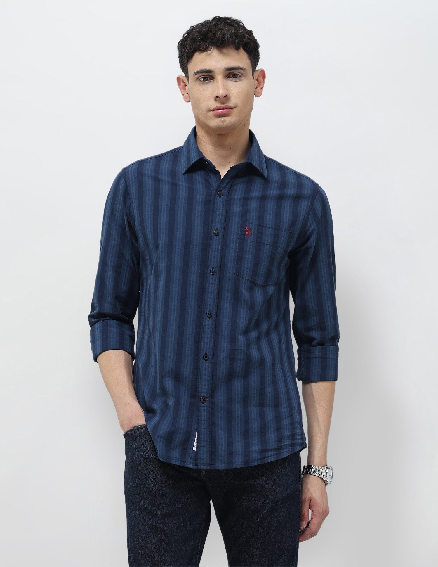 Seersucker Tailored Fit Shirt Blue - U.S. Polo Assn. India | Large