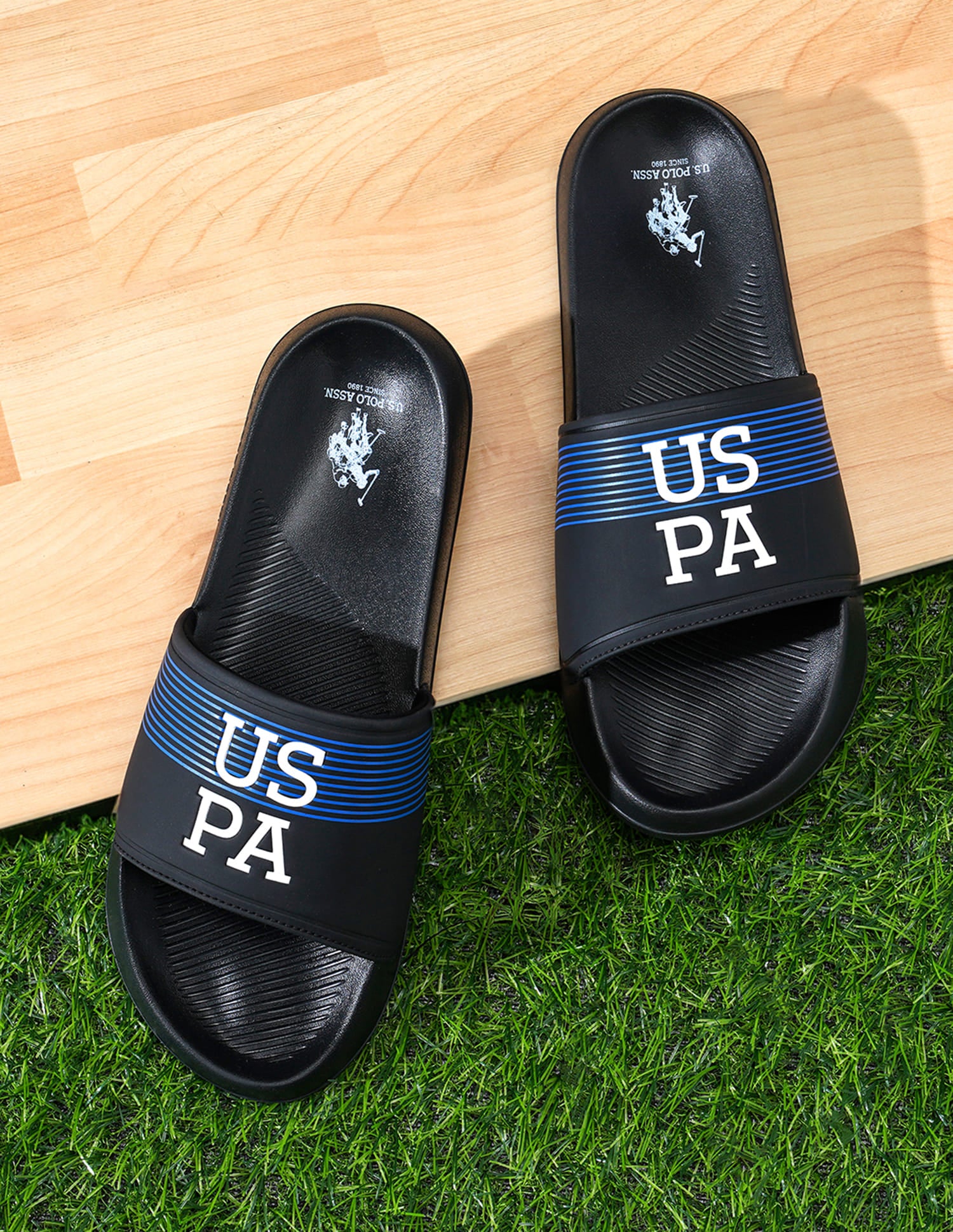 Men Brand Print Beesley 5.0 Blk Slides Black - U.S. Polo Assn. India | Large