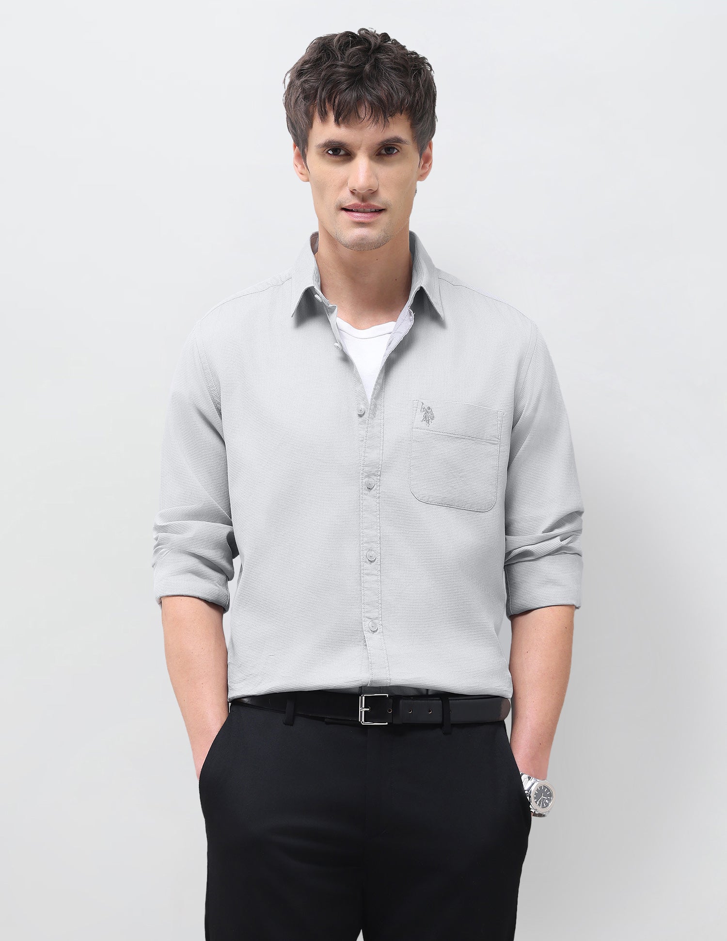 Textured Regular Fit Shirt Light Grey - U.S. Polo Assn. India | Large