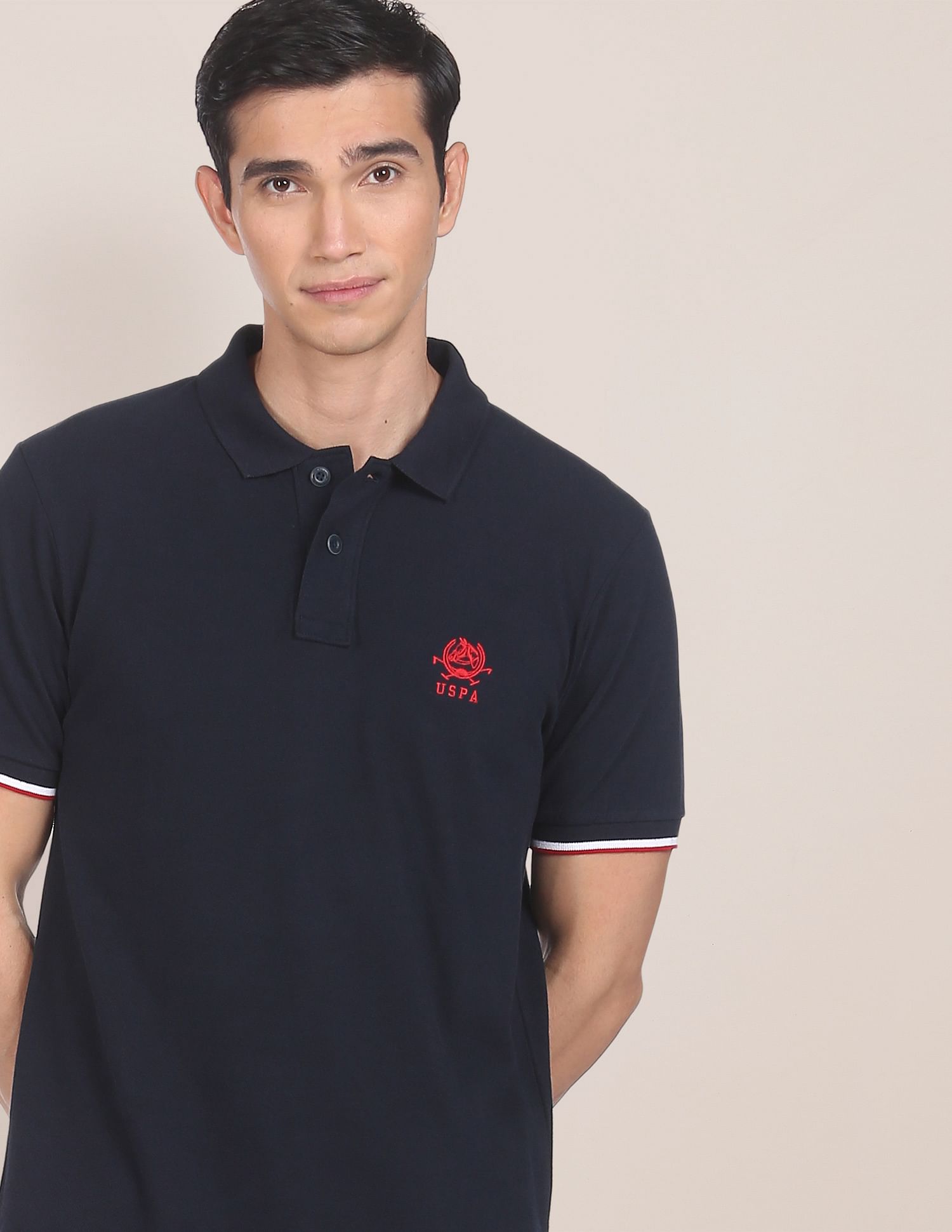 Ribbed Collar Solid Polo Shirt Navy - U.S. Polo Assn. India | Large