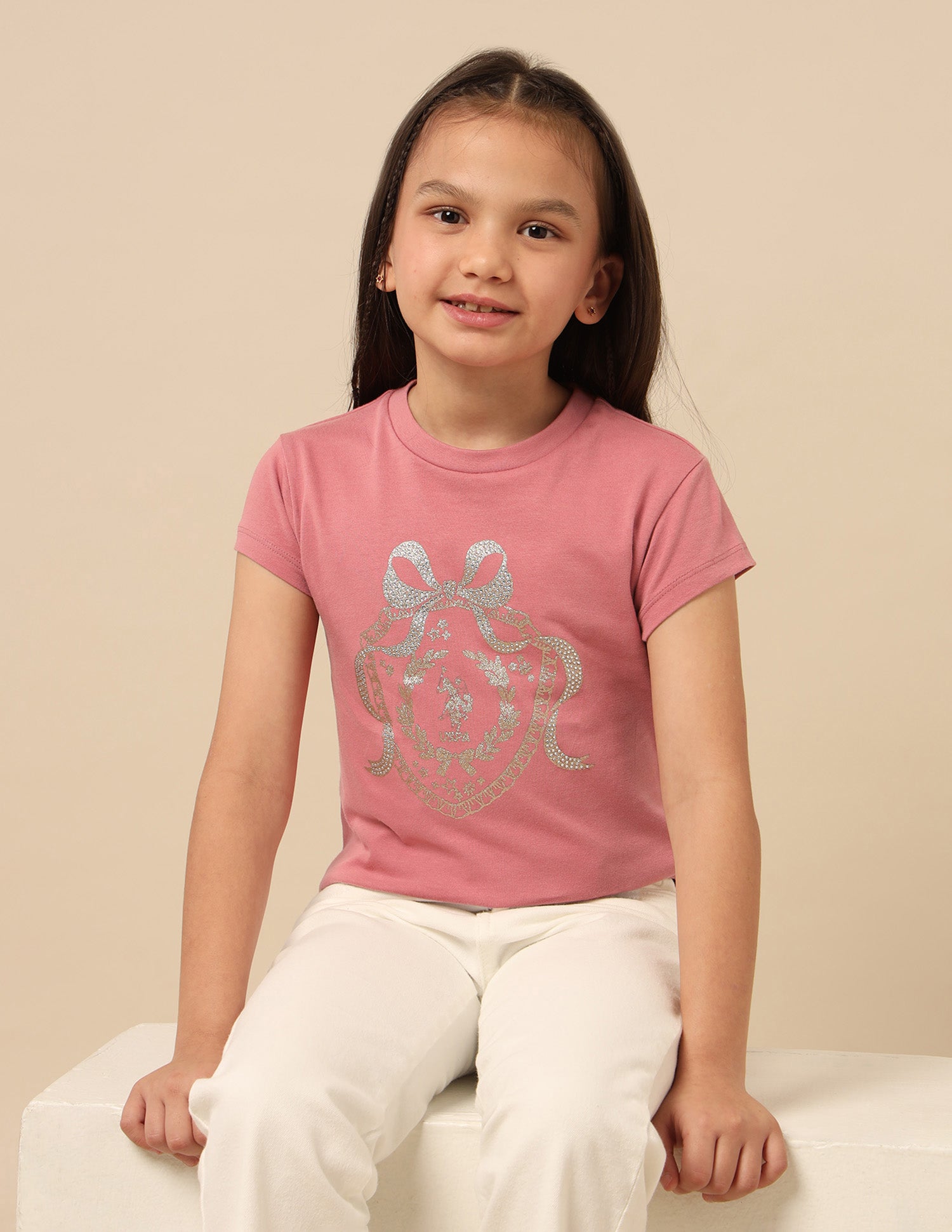 Girls Embellised Metallic Brand Printed Top