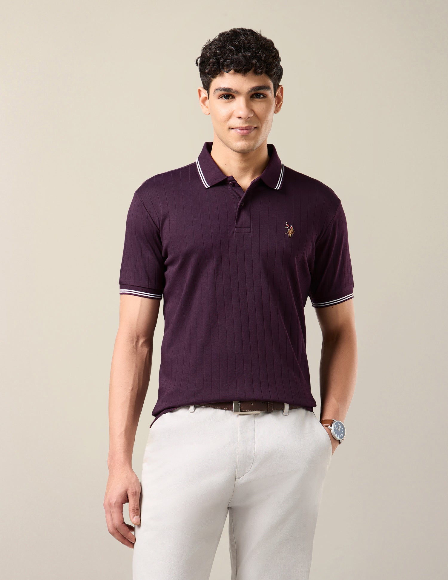 Patterned Knit Slim Fit Polo Shirt Purple - U.S. Polo Assn. India | Large