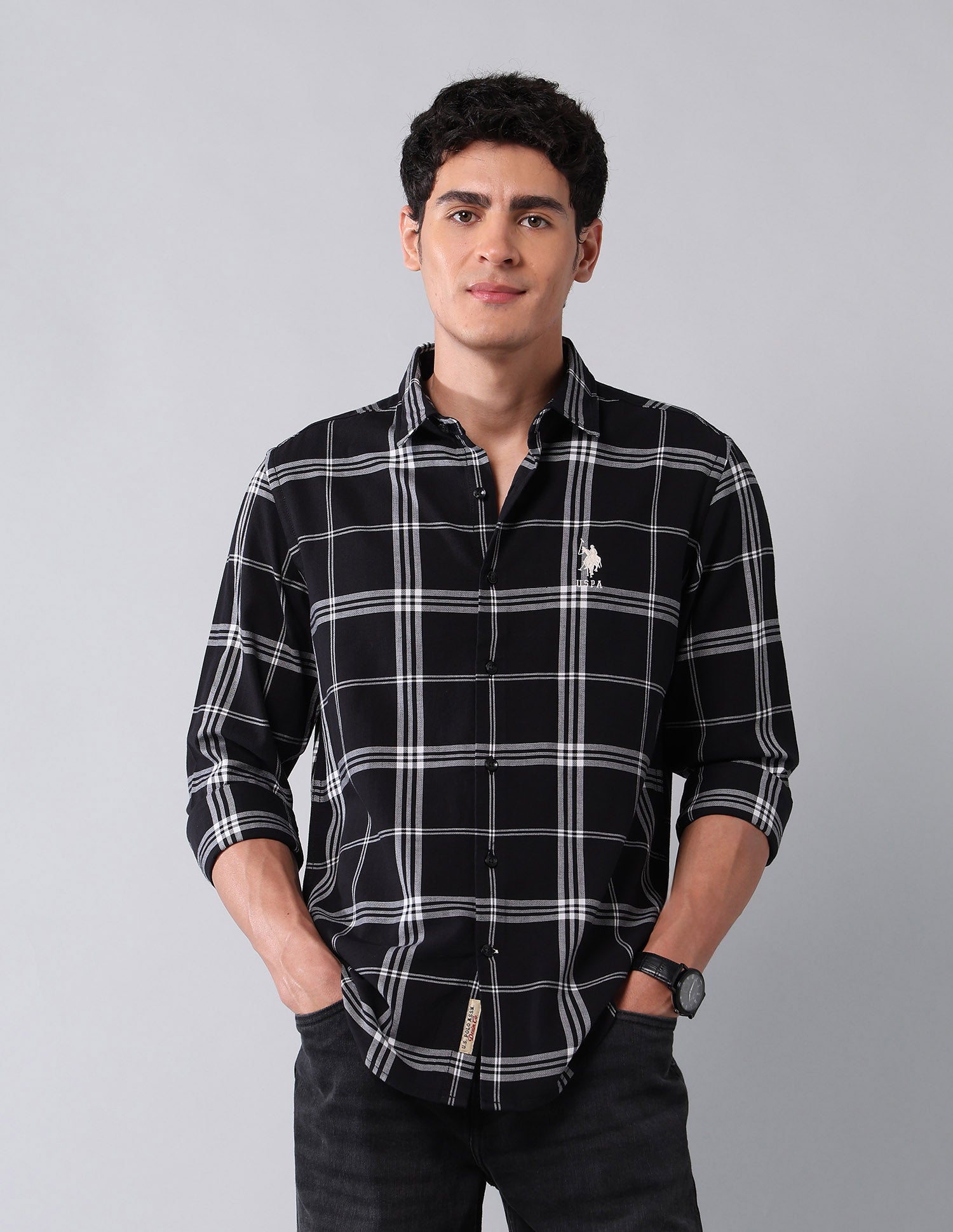 Grid Tattersall Checked Pure Cotton Shirt Black - U.S. Polo Assn. India | Large