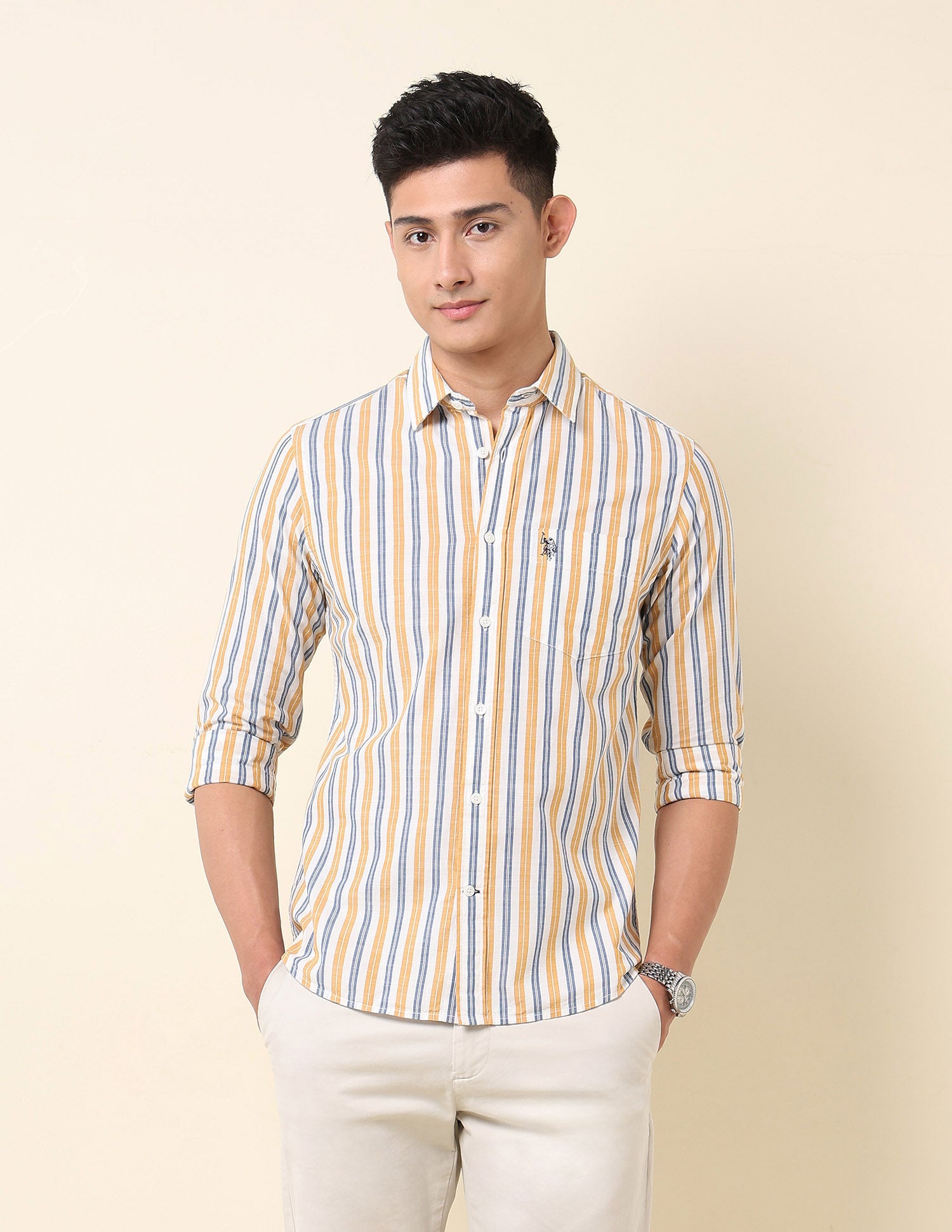 Vertical Striped Pure Cotton Shirt Yellow - U.S. Polo Assn. India | Large
