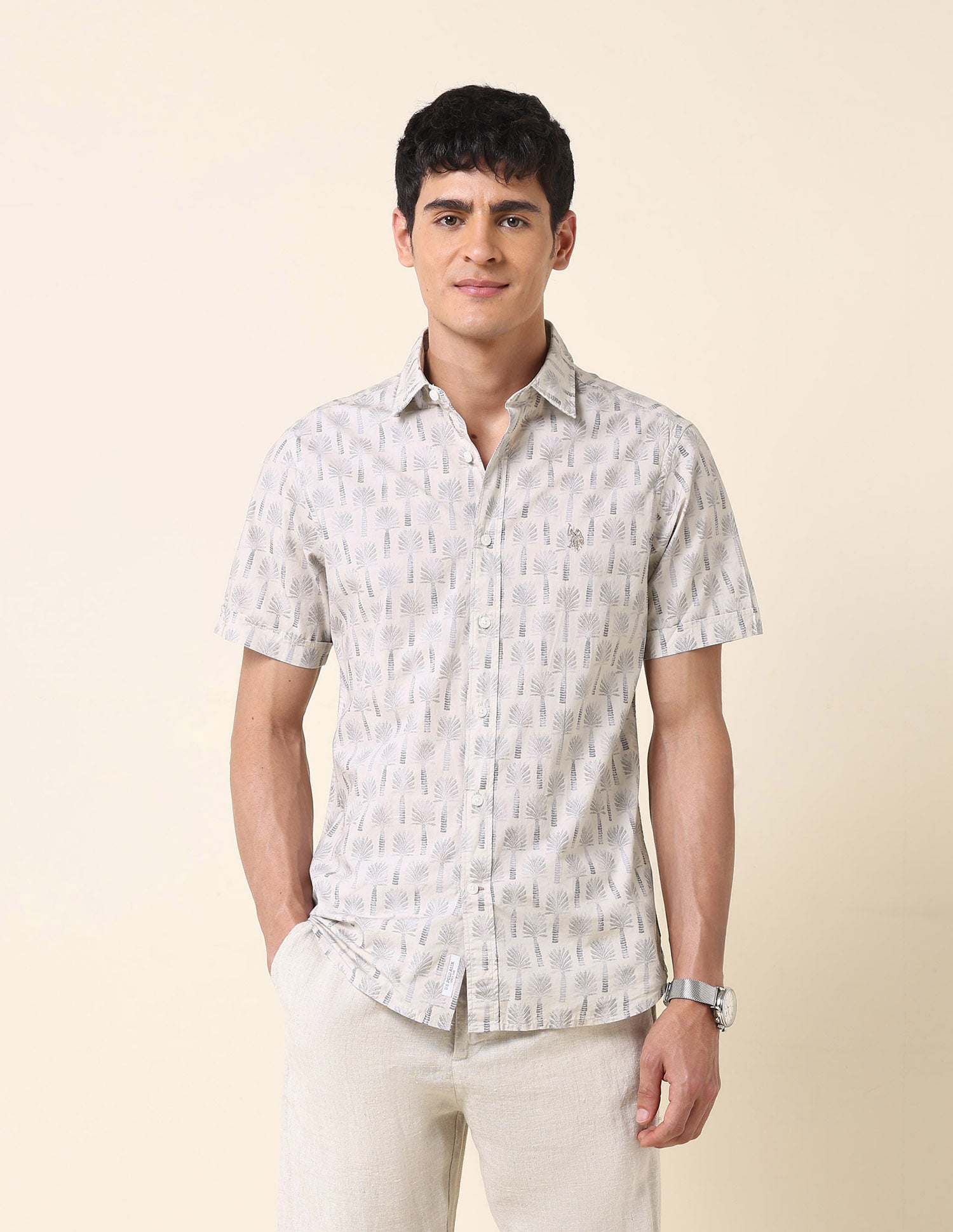 Tropical Printed Tailored Fit Shirt Khaki - U.S. Polo Assn. India | Large