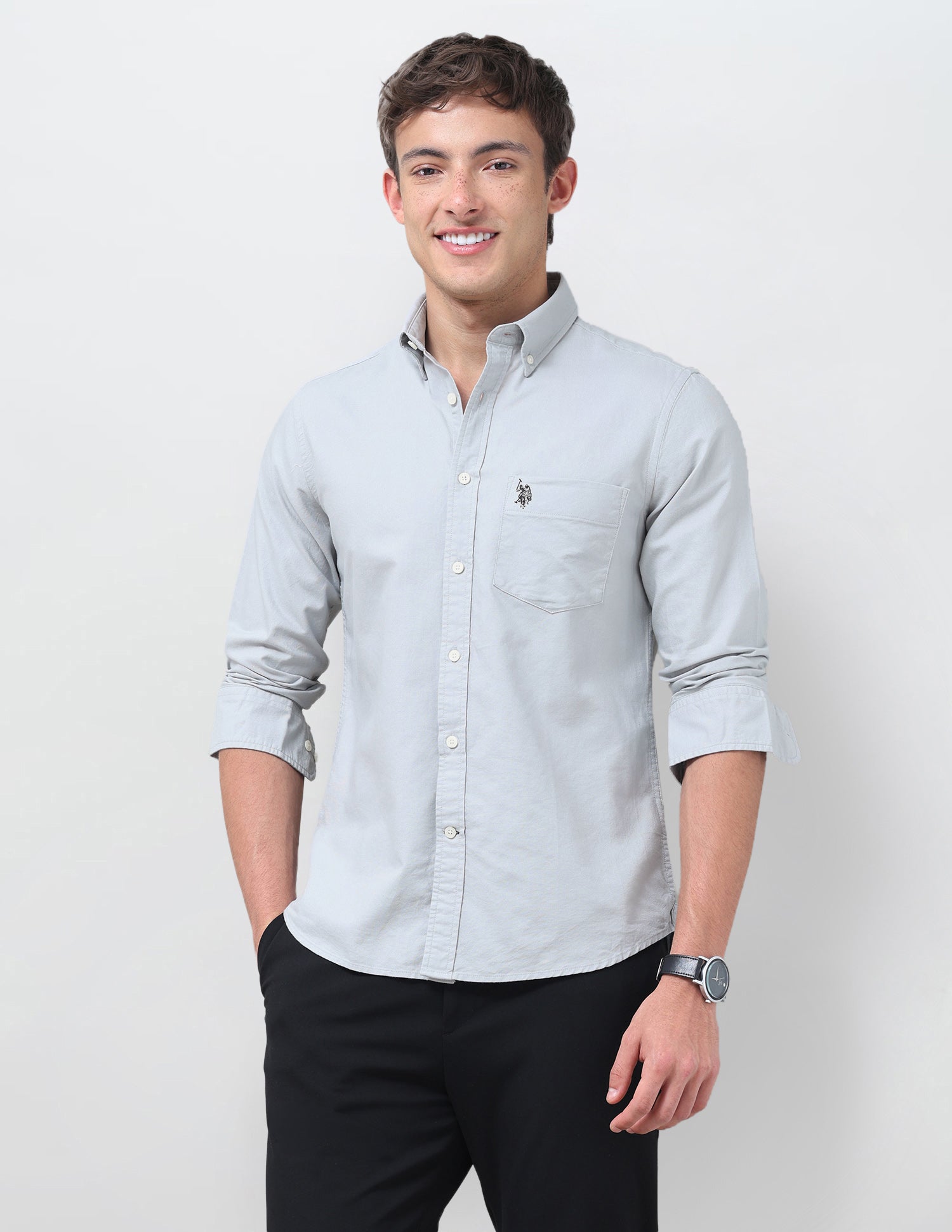 Tailored Fit Oxford Button Down Shirt Light Grey - U.S. Polo Assn. India | Large