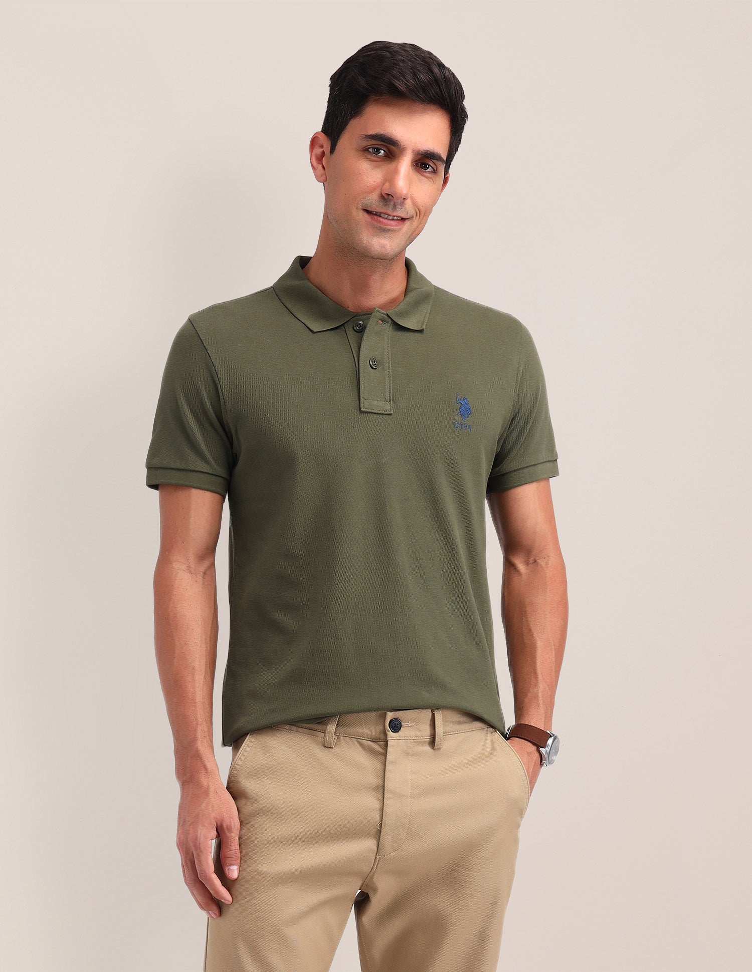 Solid Cotton Slim Fit Polo Shirt Olive - U.S. Polo Assn. India | Large
