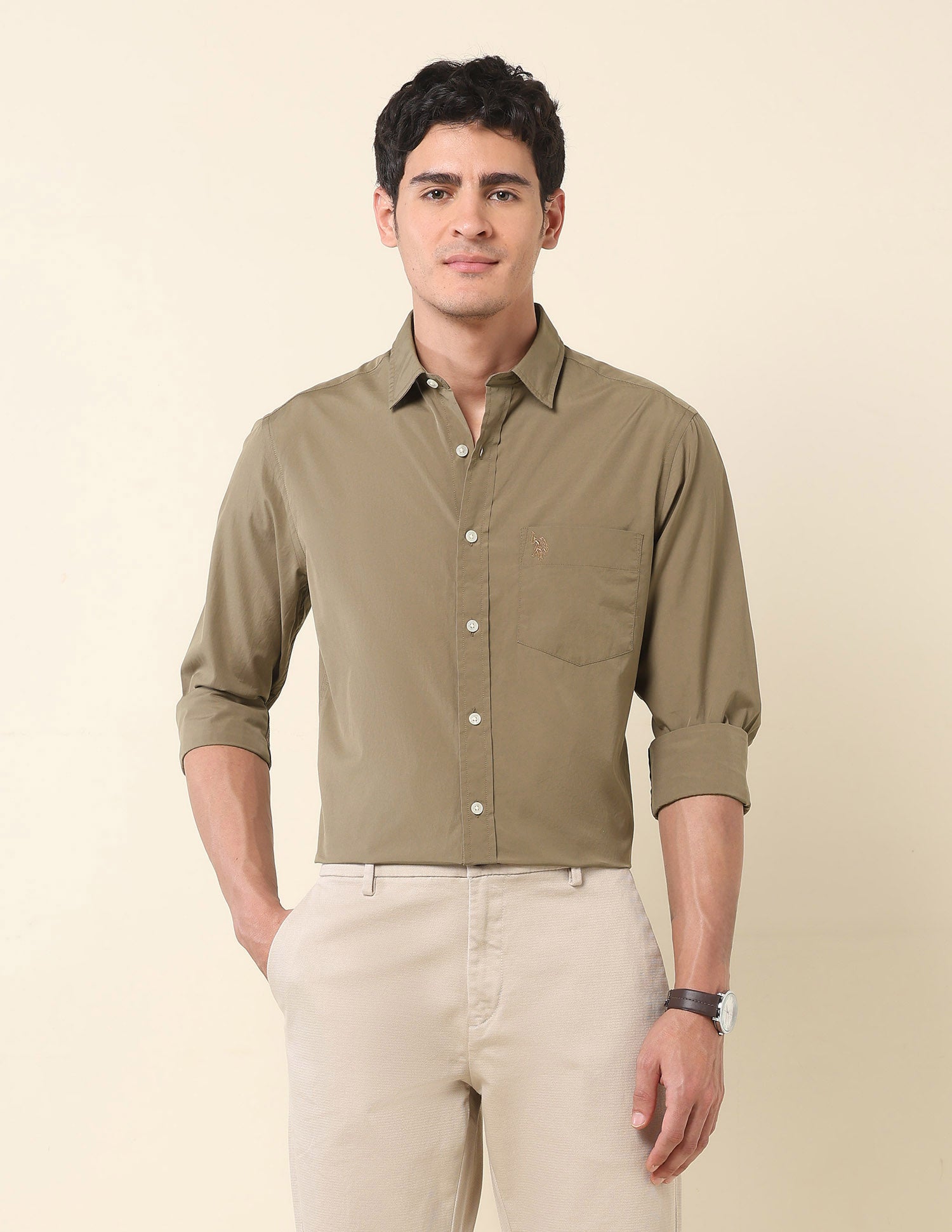 Pure Cotton Tailored Fit Shirt Khaki - U.S. Polo Assn. India | Large