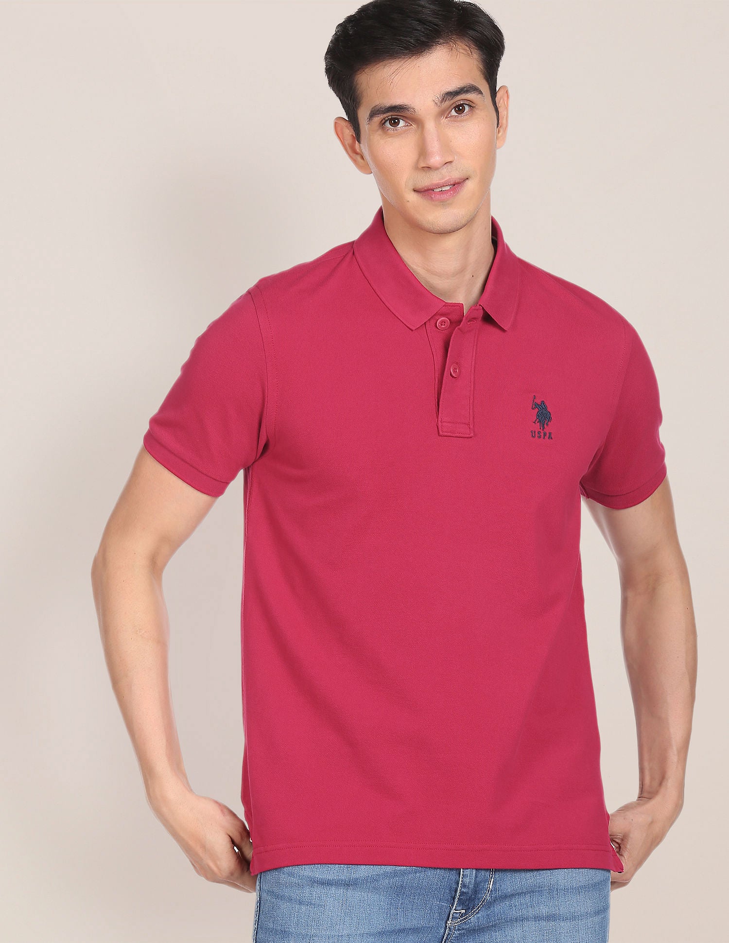 Ribbed Collar Solid Polo Shirt Magenta - U.S. POLO ASSN. | Large