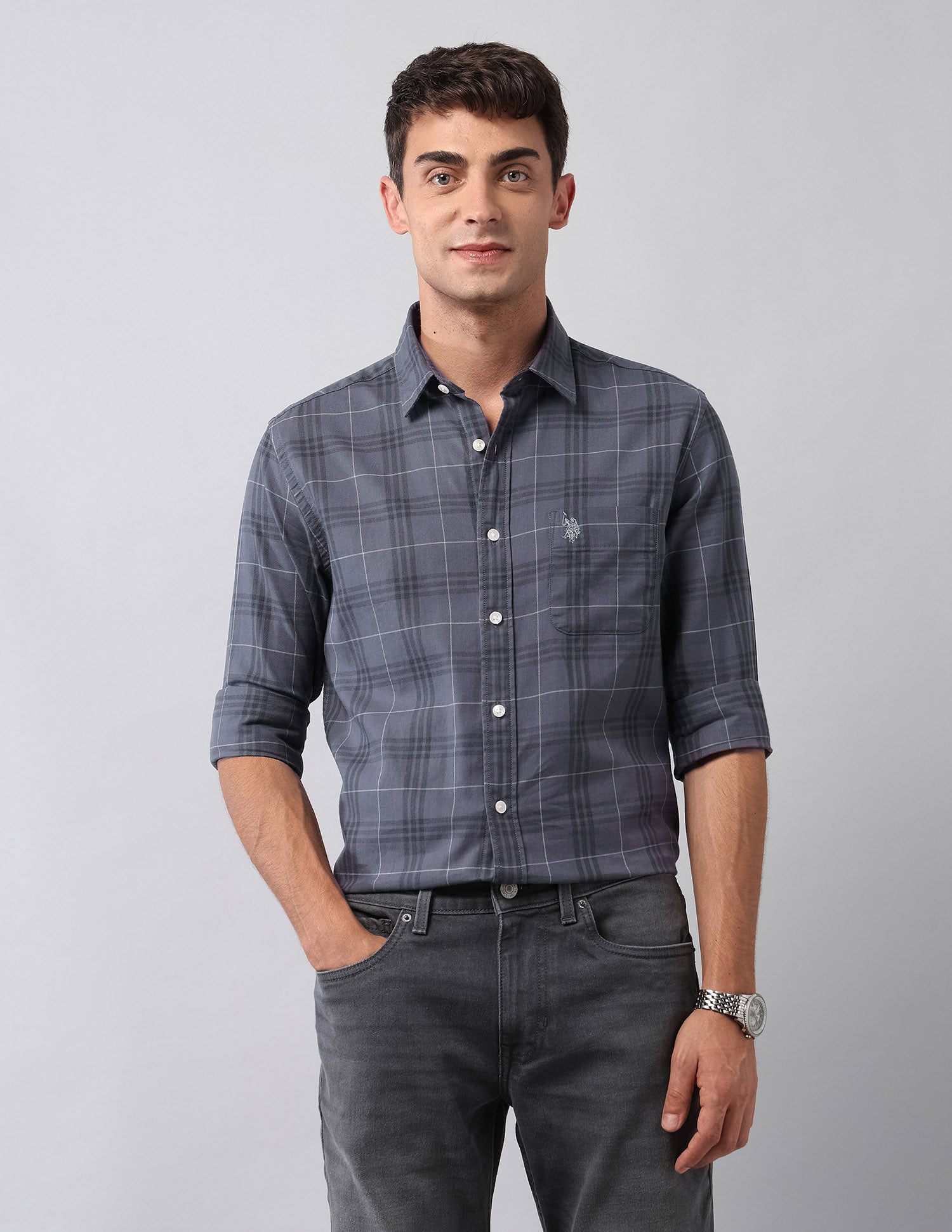 Tartan Checked Pure Cotton Shirt Grey - U.S. Polo Assn. India | Large