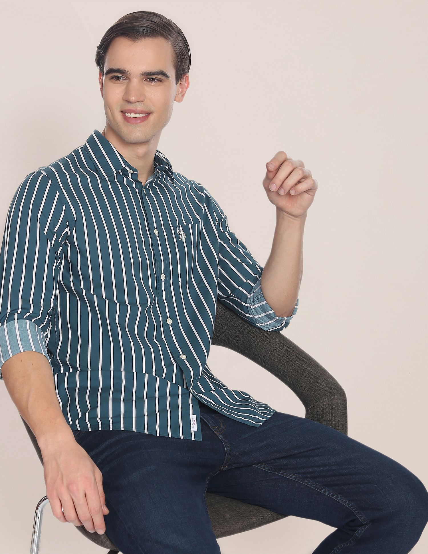 Spread Collar Striped Casual Shirt Teal - U.S. POLO ASSN. | Large