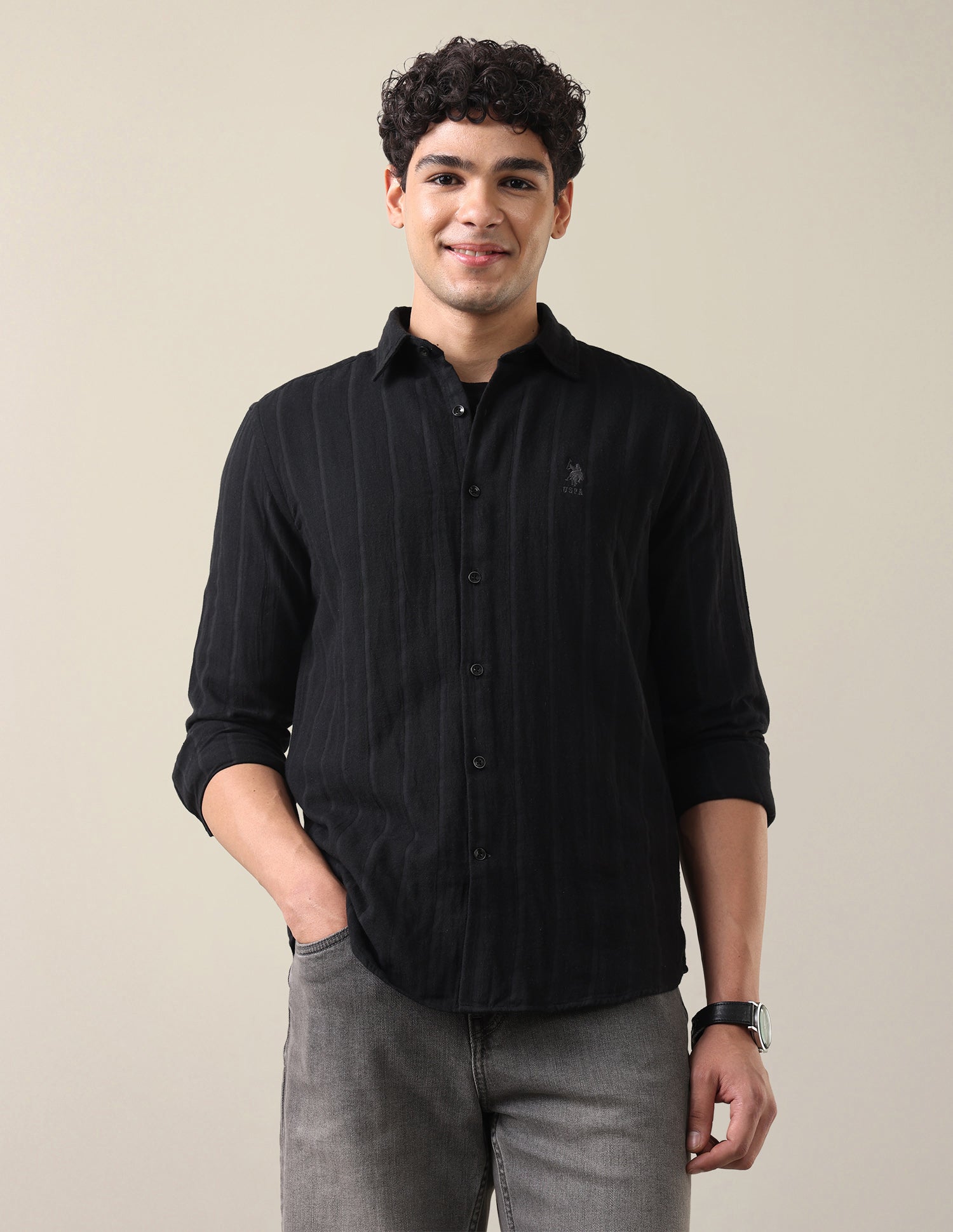 Self Design Vertical Striped Regular Fit Shirt
