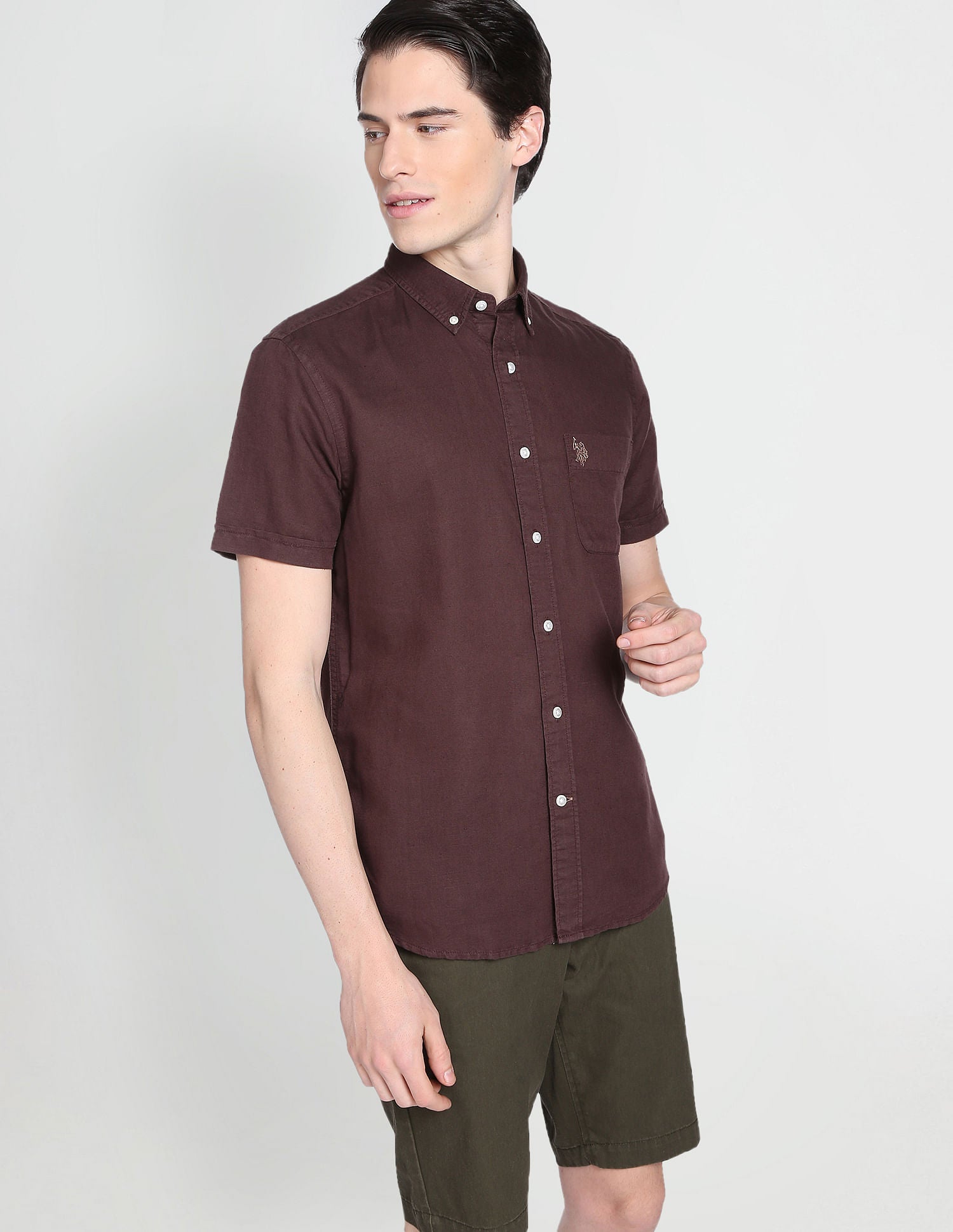 Button Down Collar Overdyed Solid Shirt Dark Brown - U.S. Polo Assn. India | Large