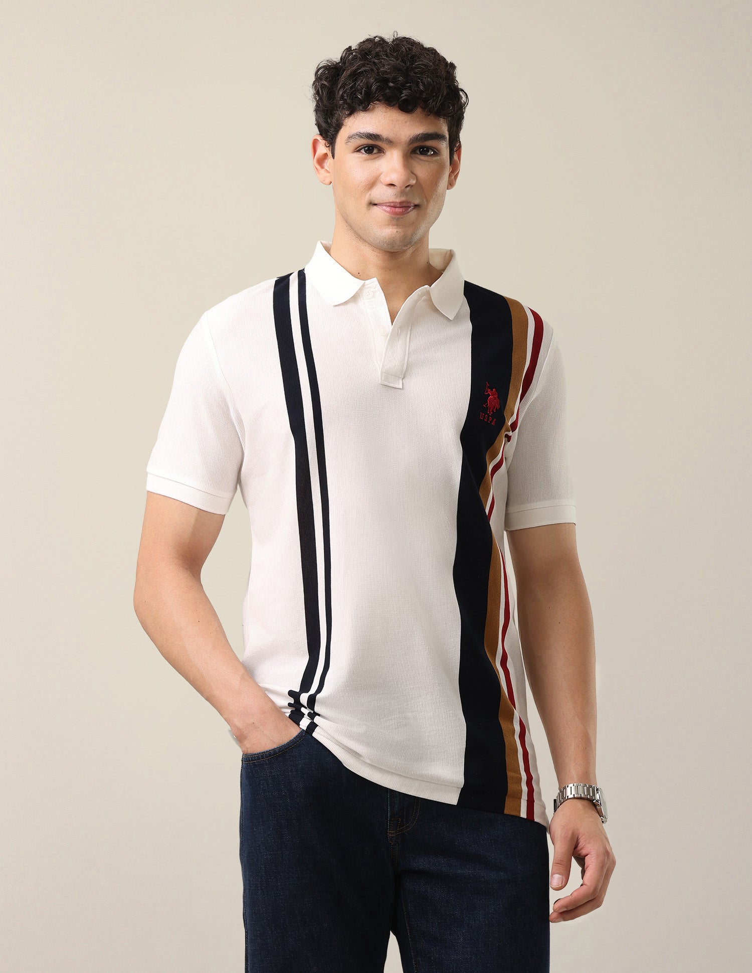 Vertical Striped Slim Fit Polo Shirt Off White - U.S. Polo Assn. India | Large
