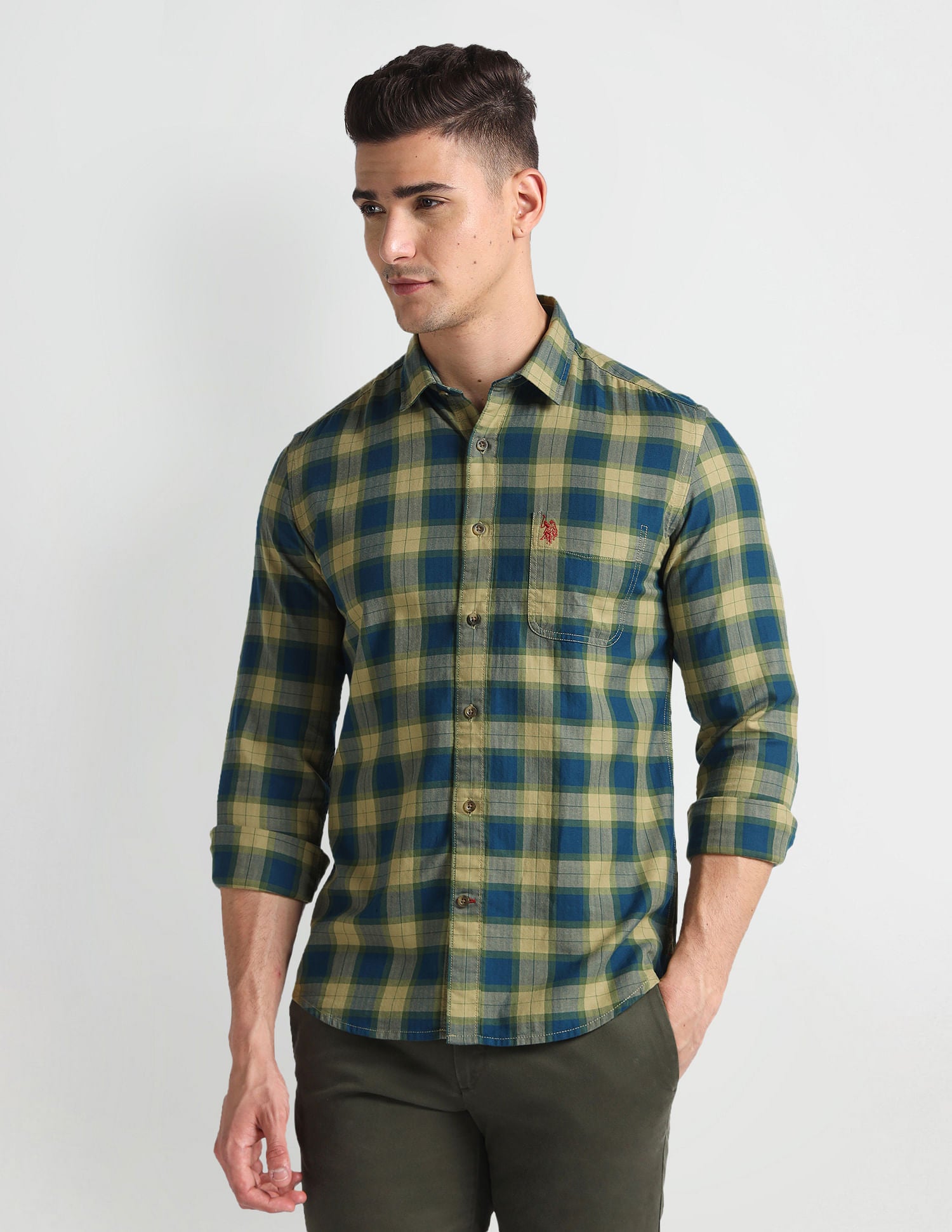 Tartan Check Herringbone Shirt Blue - U.S. Polo Assn. India | Large