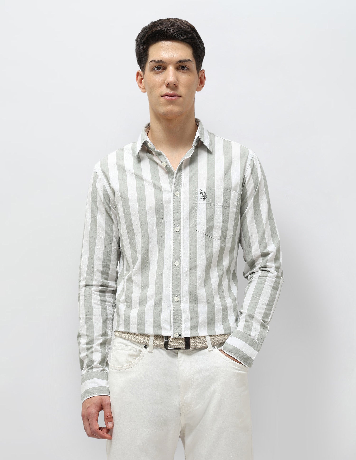 Vertical Striped Seersucker Shirt Light Green - U.S. Polo Assn. India | Large
