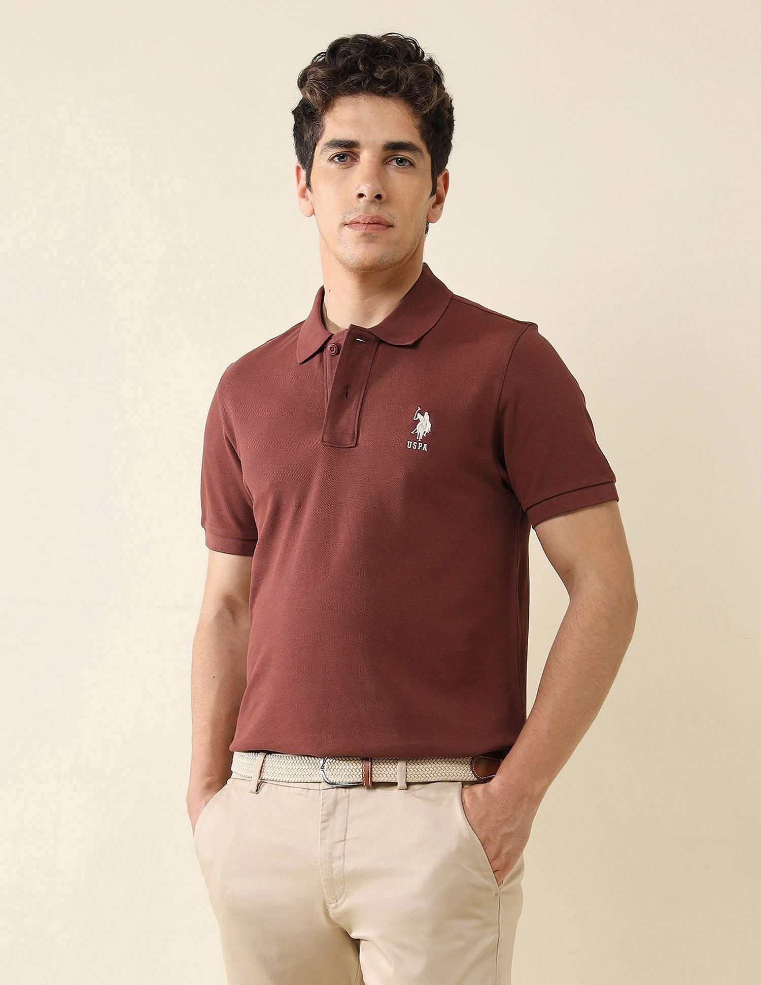 Pure Cotton Slim Fit Polo Shirt Light Brown - U.S. Polo Assn. India | Large