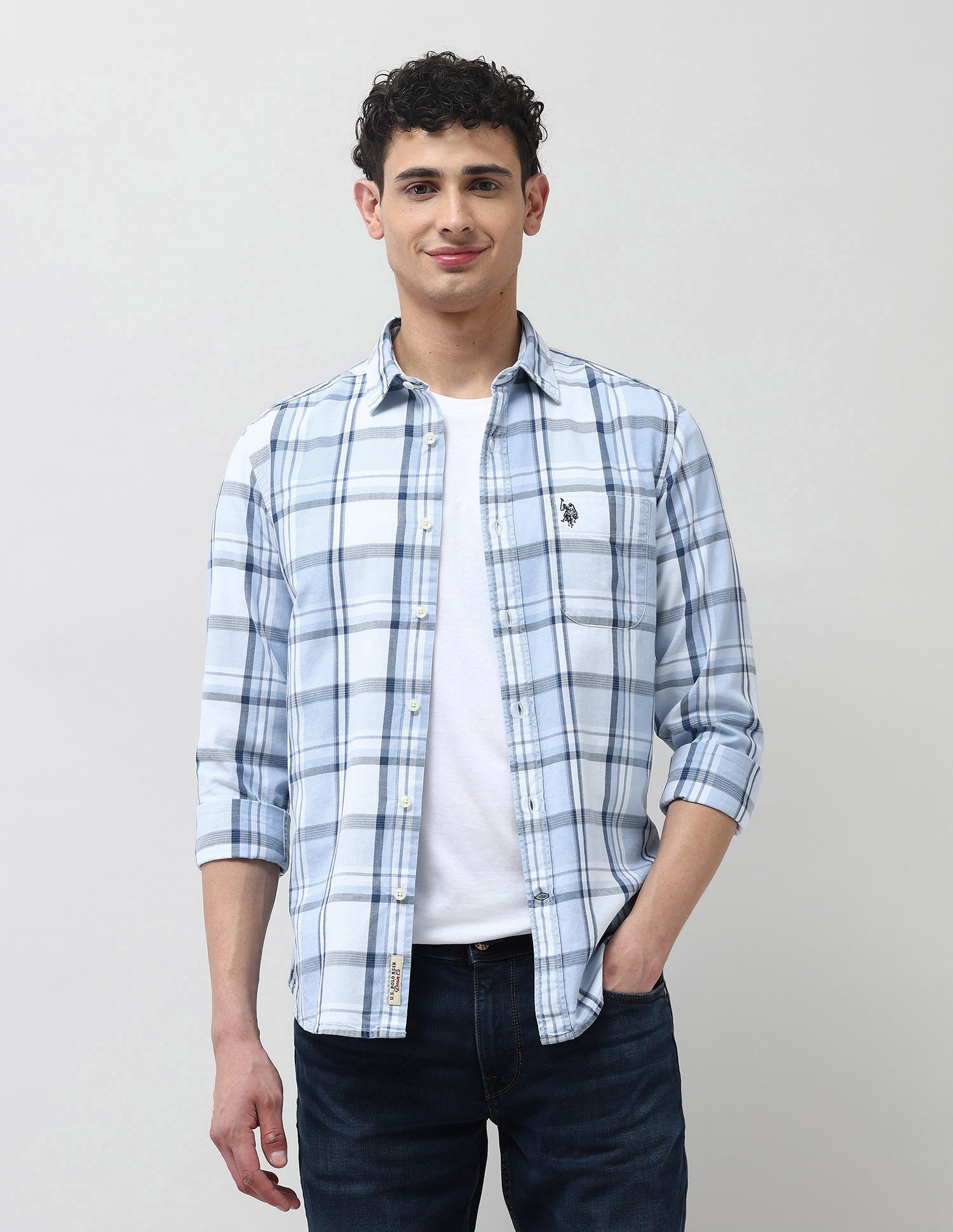 Twill Plaid Checked Shirt Light Indigo - U.S. Polo Assn. India | Large